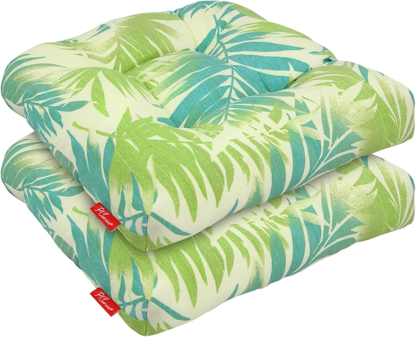 Outdoor Wicker Cushion, Set 19 x 19 x 5 Inch Seat Patio Cushions Round Corner Chair Pads Premium Comfortable Thick Fiber Fill Tufted Cushion,2 Pack, Green Leaf