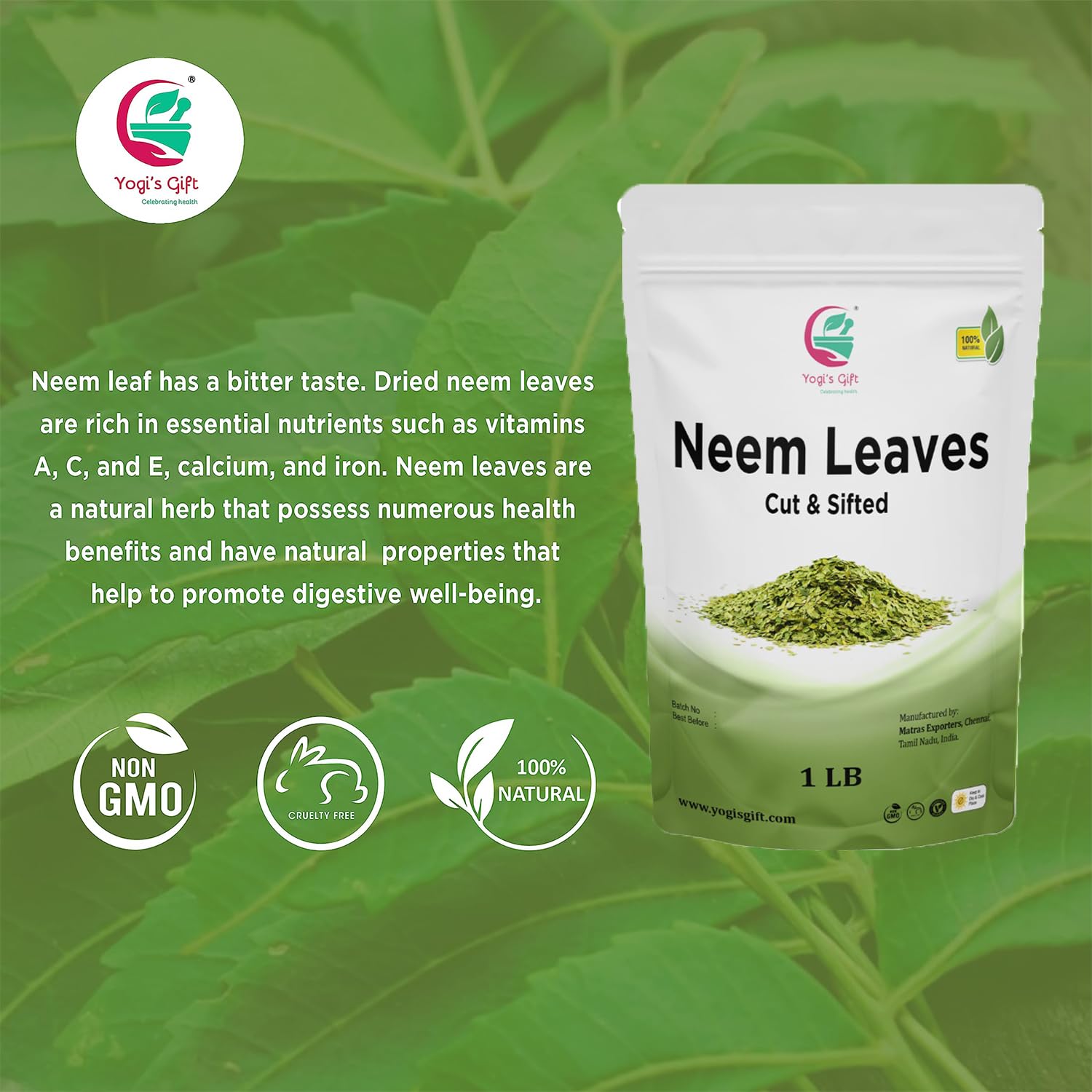 Neem Leaf 1 lb (454 grams) | 100% Natural Tea | Neem Leaves Cut and Sifted | Azadirachta Indica Leaf | Margosa Leaves | Non-GMO, Ethically Sourced | Nim Leaves | by Yogi's Gift® - Image 4