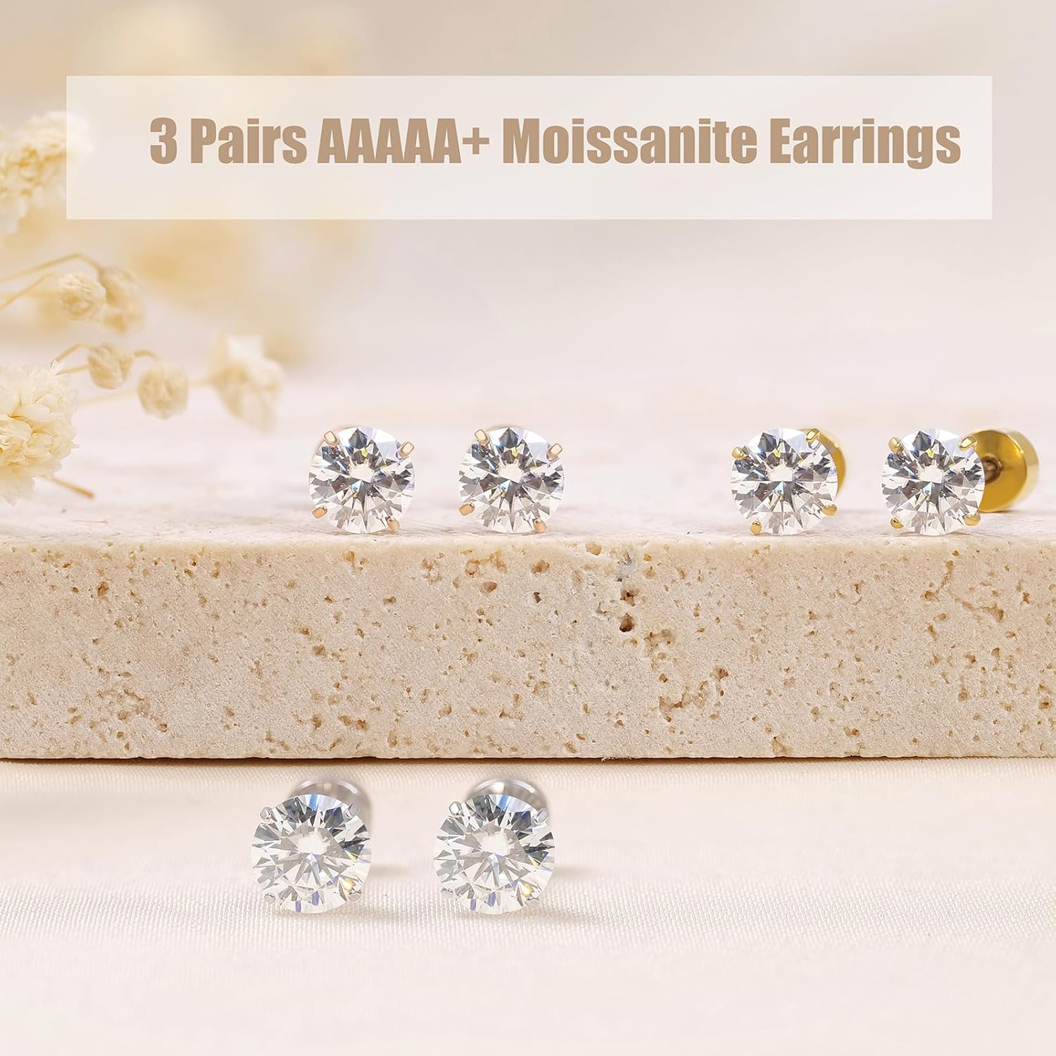 Limerencia Moissanite Stud Earrings, 3 Pairs Titanium Screw Back Earring, D Color VVS1 Clarity Lab-created Moissanite Earrings, Hypoallergenic G23 Pure Titanium for Women Men Sensitive Ears - Image 7