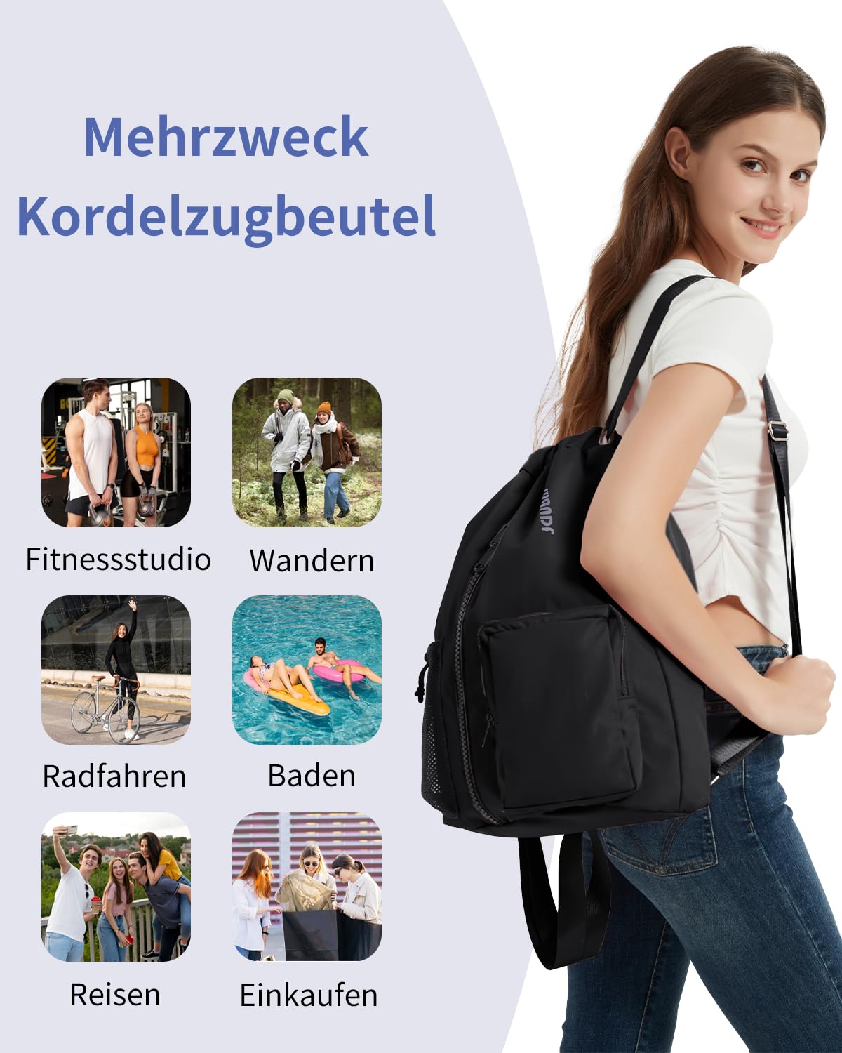 WANDF Turnbeutel mit Schuhfach, Sportbeutel Wasserabweisend,Gym Bag mit Kordelzug für Damen Herren Kinder,Große Kapazität Rucksack für Sport,Schwimmen,Reisen,Schule (Schwarz)