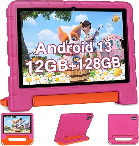 Tableta para niños Android 13 de 10 pulgadas para niños con funda a prueba de golpes, 12 GB+128 GB, octa-Core, pantalla táctil HD 1280 x 800,