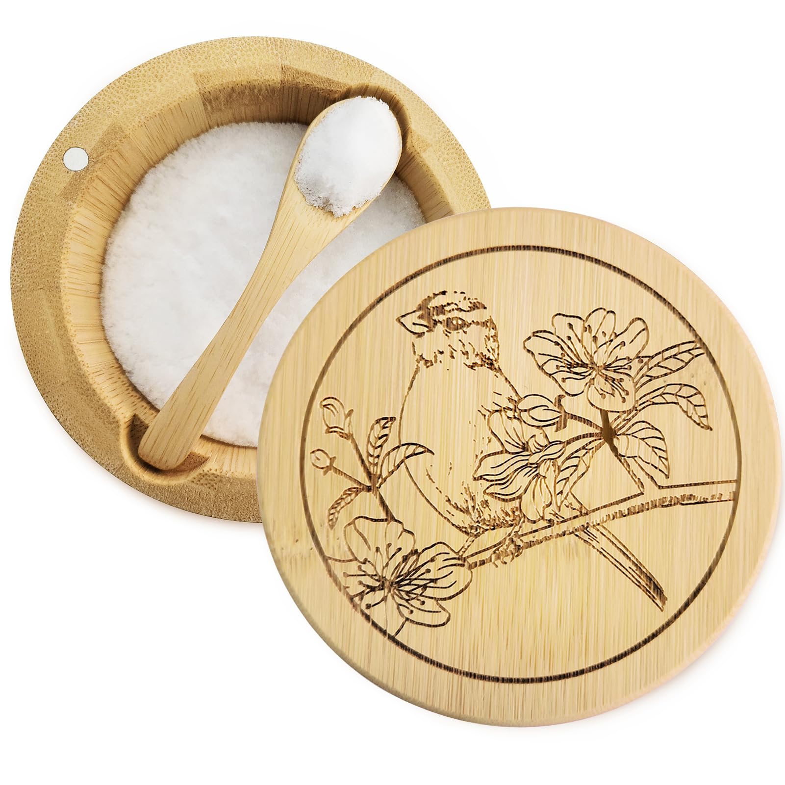Salt Box Bamboo Salt Container with Lid and Spoon Bird Pattern Cellar with Magnetic Lock Swivel Lid Pepper Sugar Sea Salt Spice Seasoning Holder Keeper 12oz Capacity