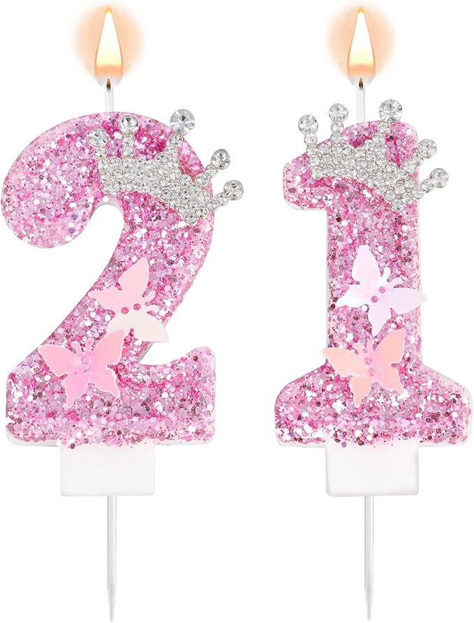 Velas de Cumpleaños con Número, Rosa Purpurina Corona Mariposa Feliz Cumpleaños Lentejuelas Vela de Princesa Adorno para