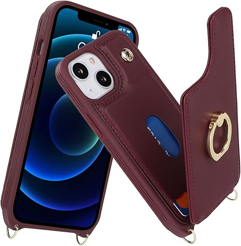 Miniatura 2 de Funda para iPhone 13 Mini con tarjetero y correa para mujer, cordón cruzado, soporte de anillo con soporte, cierre a presión, bloqueo RFID, fundas