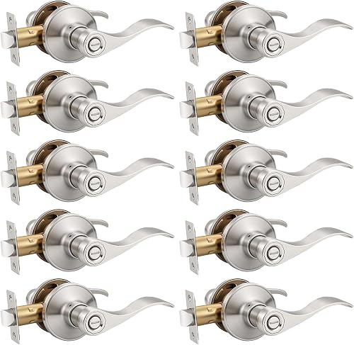 Knobonly 10 Pack Satin Nickel Door Lever Privacy Door Handles, Stainless Steel Door Handle Interior, Keyless Lock for Bedroom or Bathroom