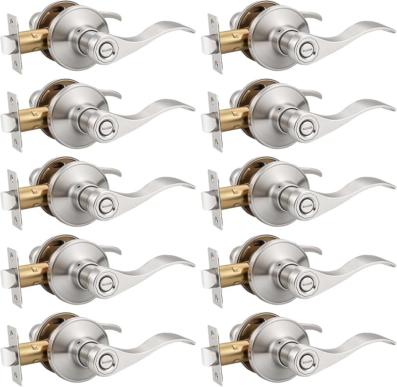 Knobonly 10 Pack Brushed Satin Nickel Door Lever Privacy Door Handles, Zinc Alloy Door Handle Interior, Keyless Lock for Bedroom or Bathroom