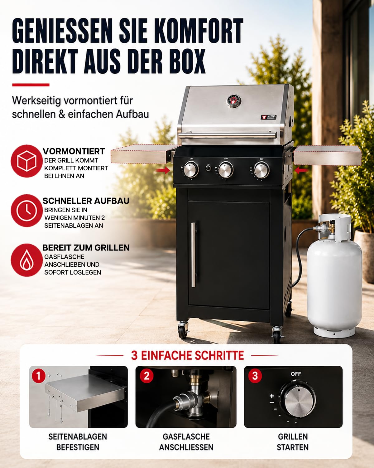 Premium Gasgrill 3 Brenner 10,5 kW Grillrost komplett montiert, Outdoor-Grill für Garten & Terrasse, 304 Edelstahl-Brenner schwarzer PVD-beschichteter Edelstahl-Korpus 1,2 x 0,6 x 1,2 m