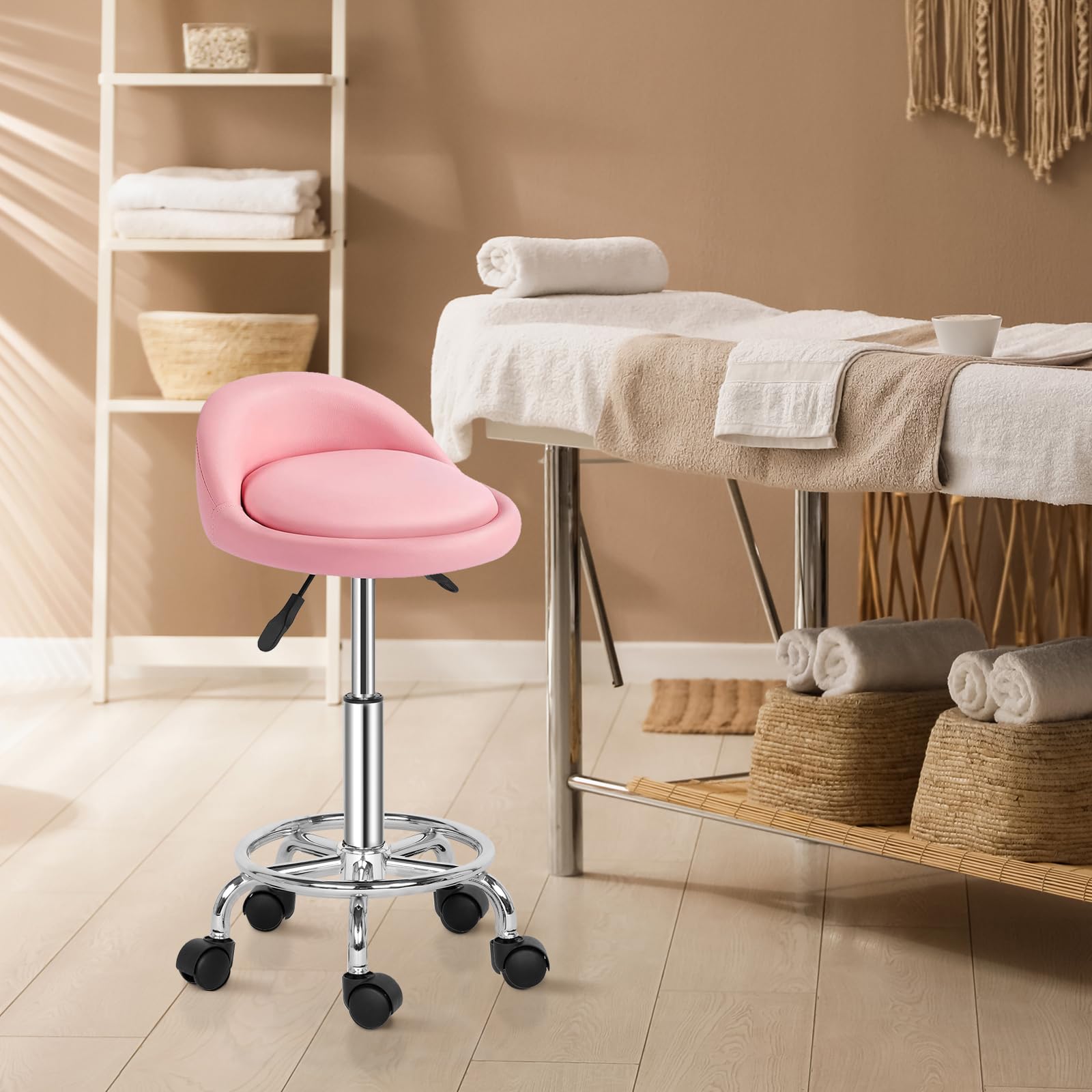Tabouret de Bureau,Tabouret Rond avec Dossier,Tabouret à roulettes Rotation à 360°Hauteur Réglable 49-64 cm,Tabouret Coiffeuse,pour Salon de Massage, Bureau,Clinique Rose