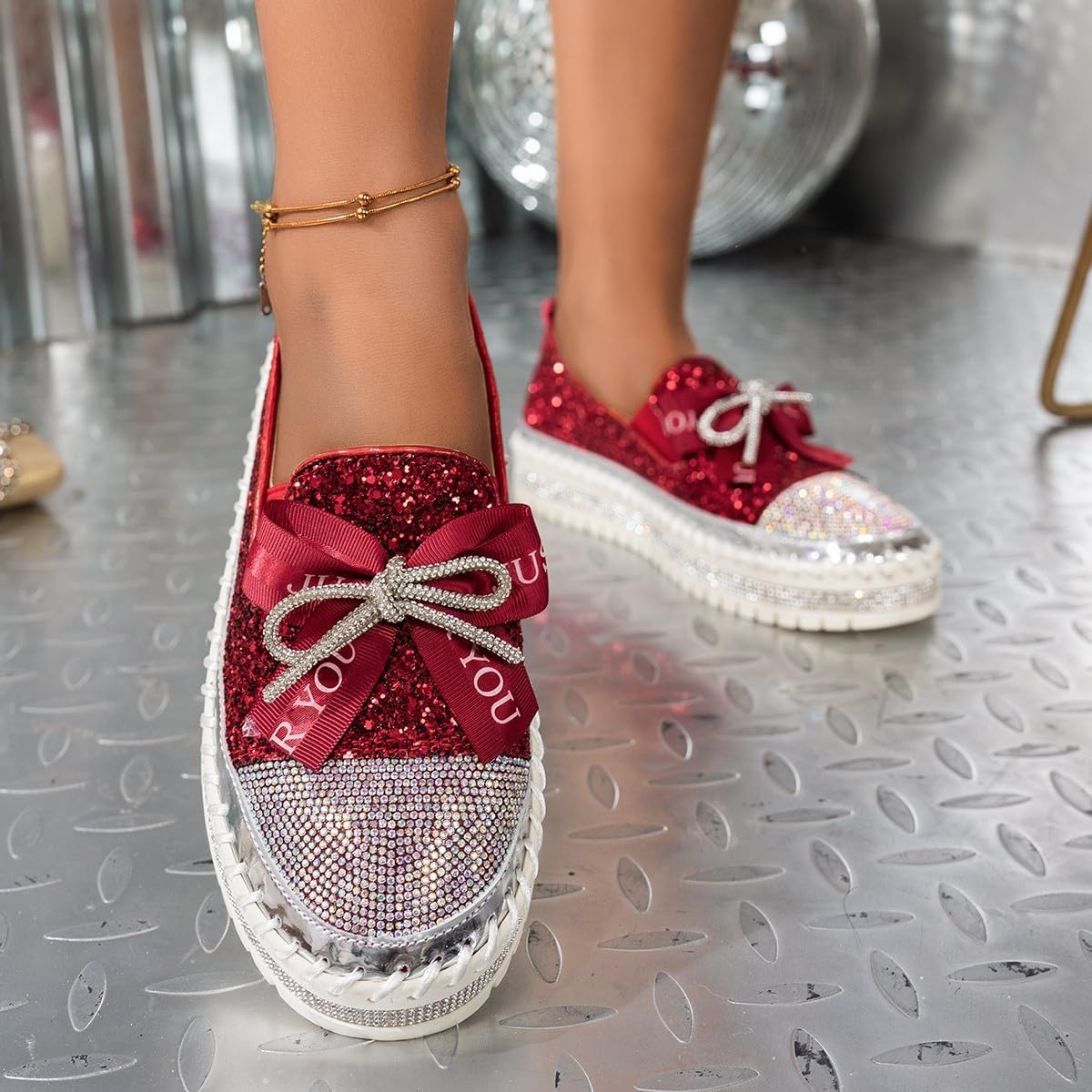 Zapatos deportivos de plataforma con lazo y diamantes de imitación para