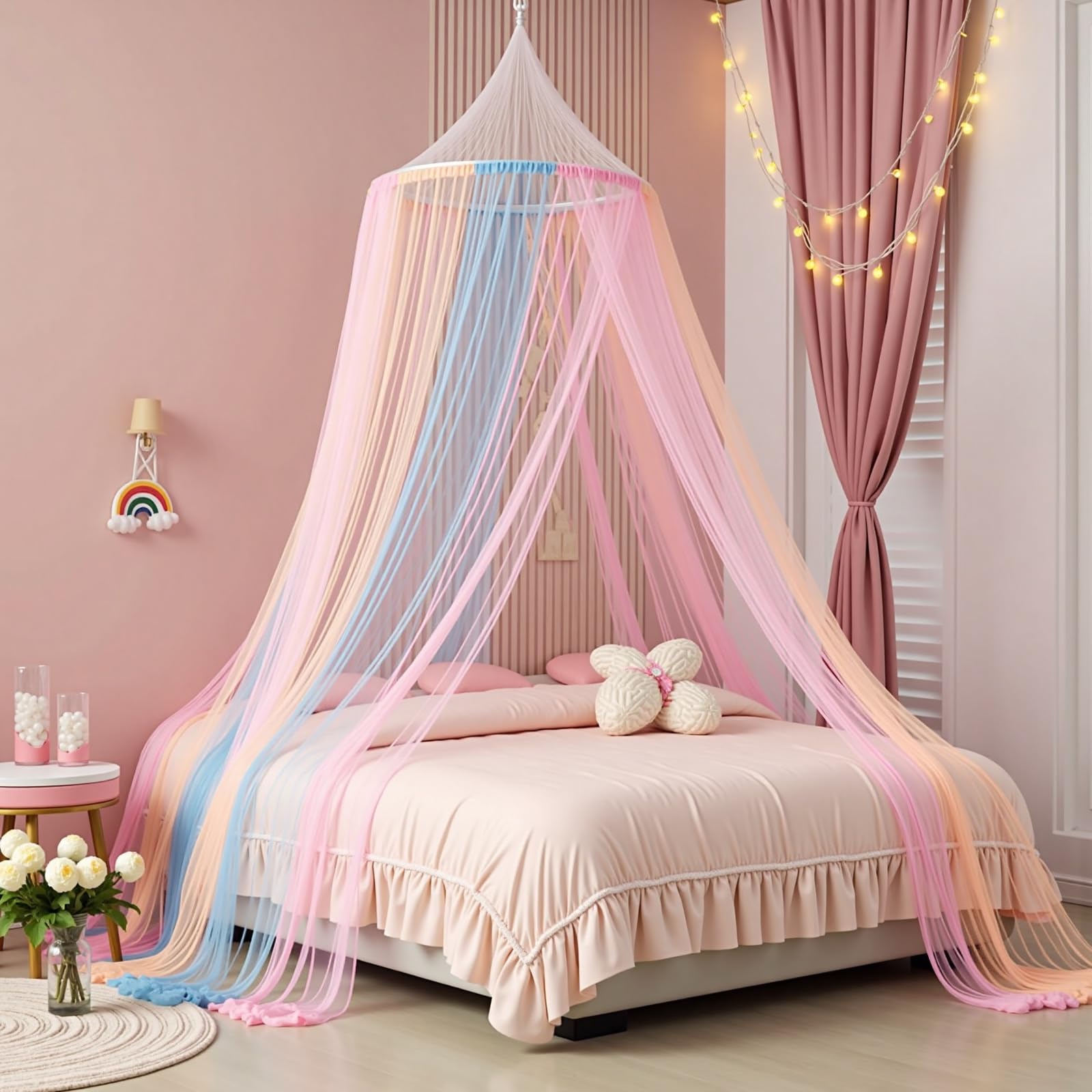 Rainbow Princess Bed Canopy for Girls, Mosquito Net Bed Canopy for Twin/Full/Queen Size Bed, Hanging Bed Net, Bedroom Decor with Hanging Kit, Easy Install Travel Canopy with Storage Bag
