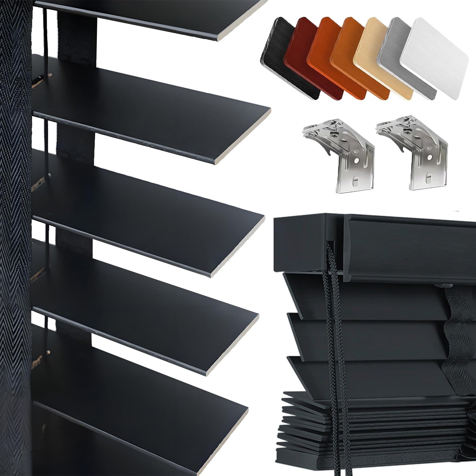 Faux Wood Window Venetian Blinds-50mm Slats Horizontal Window Blinds, W60cm 75cm 85cm 90cm 105cm 114cm 120cm 150cm Privacy Windows Treatment Shutters Wooden Shades Easy Fit Child Safe(Black)