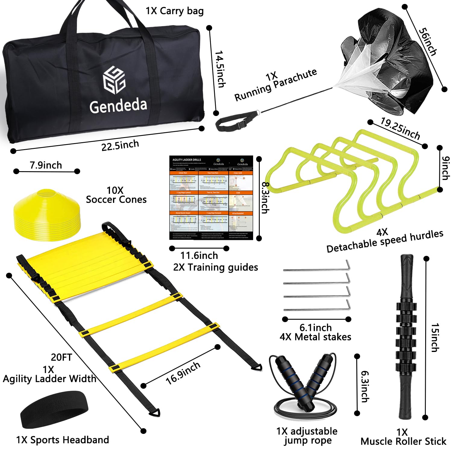 Gendeda Agility Ladder Speed Training Equipment Set-20ft Agility Ladder 4 Adjustable Hurdles Running Parachute Jump Rope Speed Training Equipment for Soccer Football Basketball