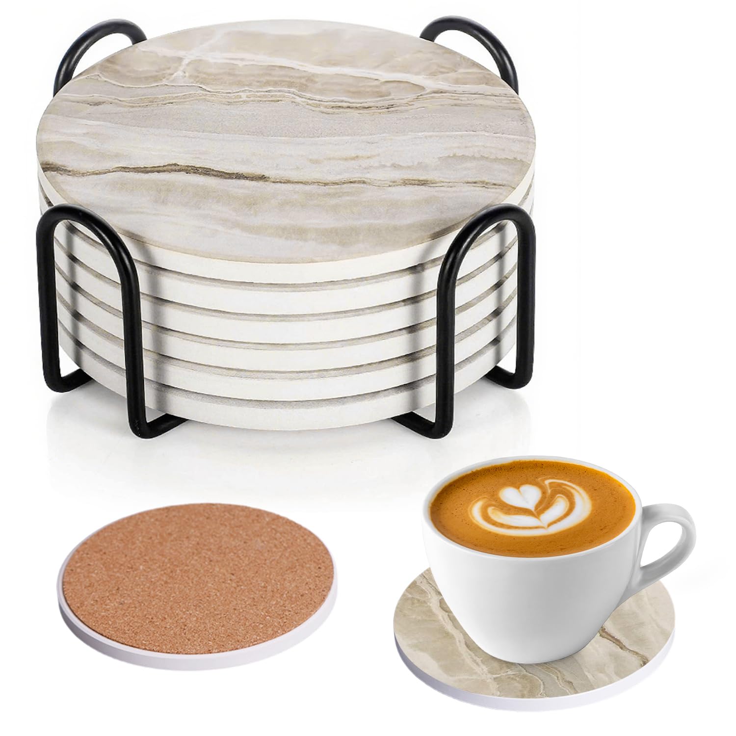 Tissting 6 Posavasos Mármol Blanco Cerámica 4in Soporte Metal Base Corcho | Tapetes Absorbentes Redondos Patrón Natural Decoración Hogar Cocina