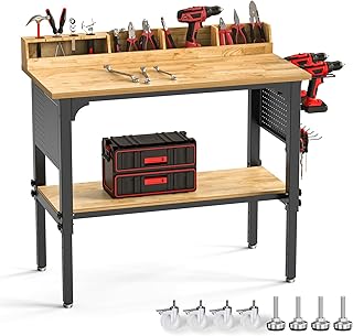 Workbench Adjustable Height Heavy Duty Work Bench with Storage, 2200 LBS Load Capacity Work Table, Pegboard, Built-in Power Outlet, Lockable Wheels for Garage, Workshop, Warehouse & Home