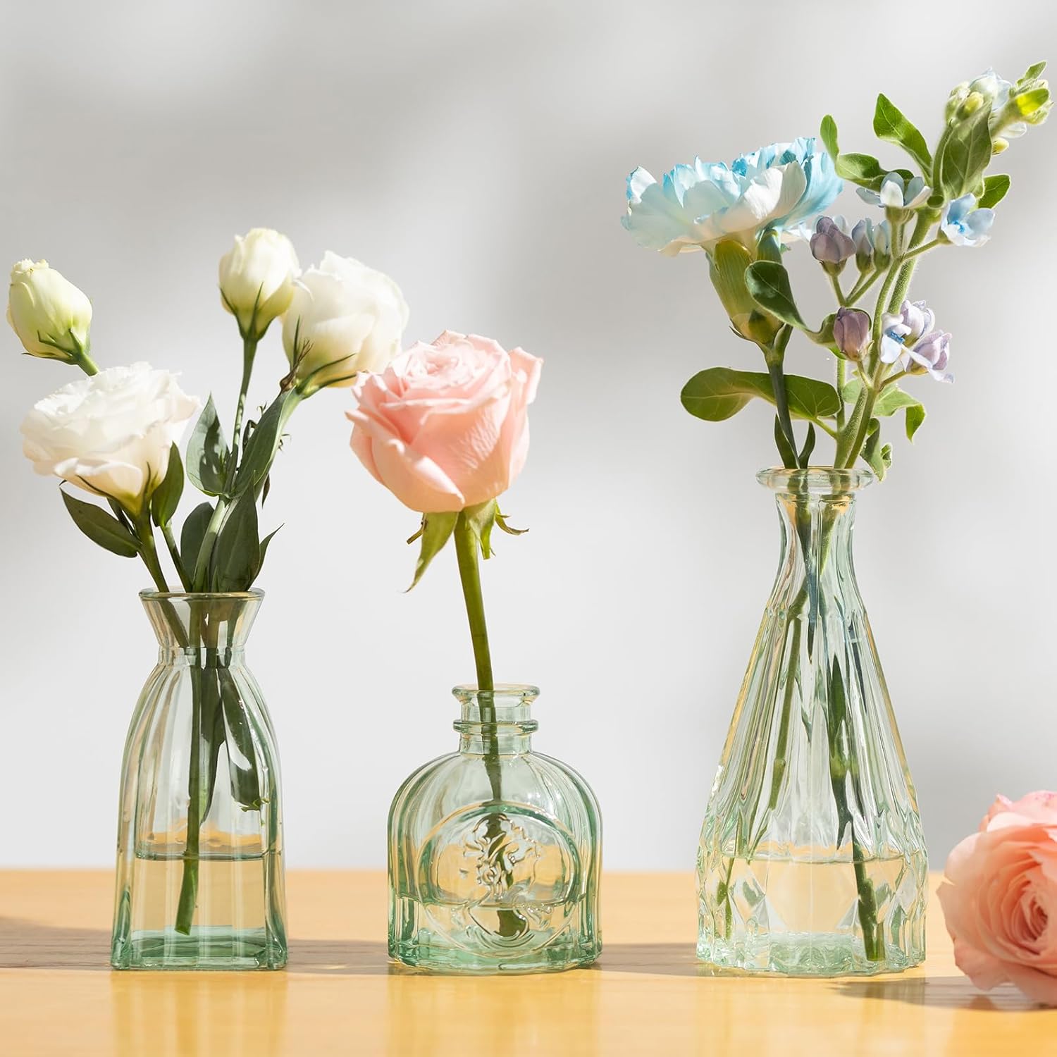 Vintage Small Glass Vases Set of 10,Mini Bud Vases for Flowers,Amber Glass Vases for Centerpieces,Wedding Decorations,Home Table Flower Decor(Sage Green) - Image 3