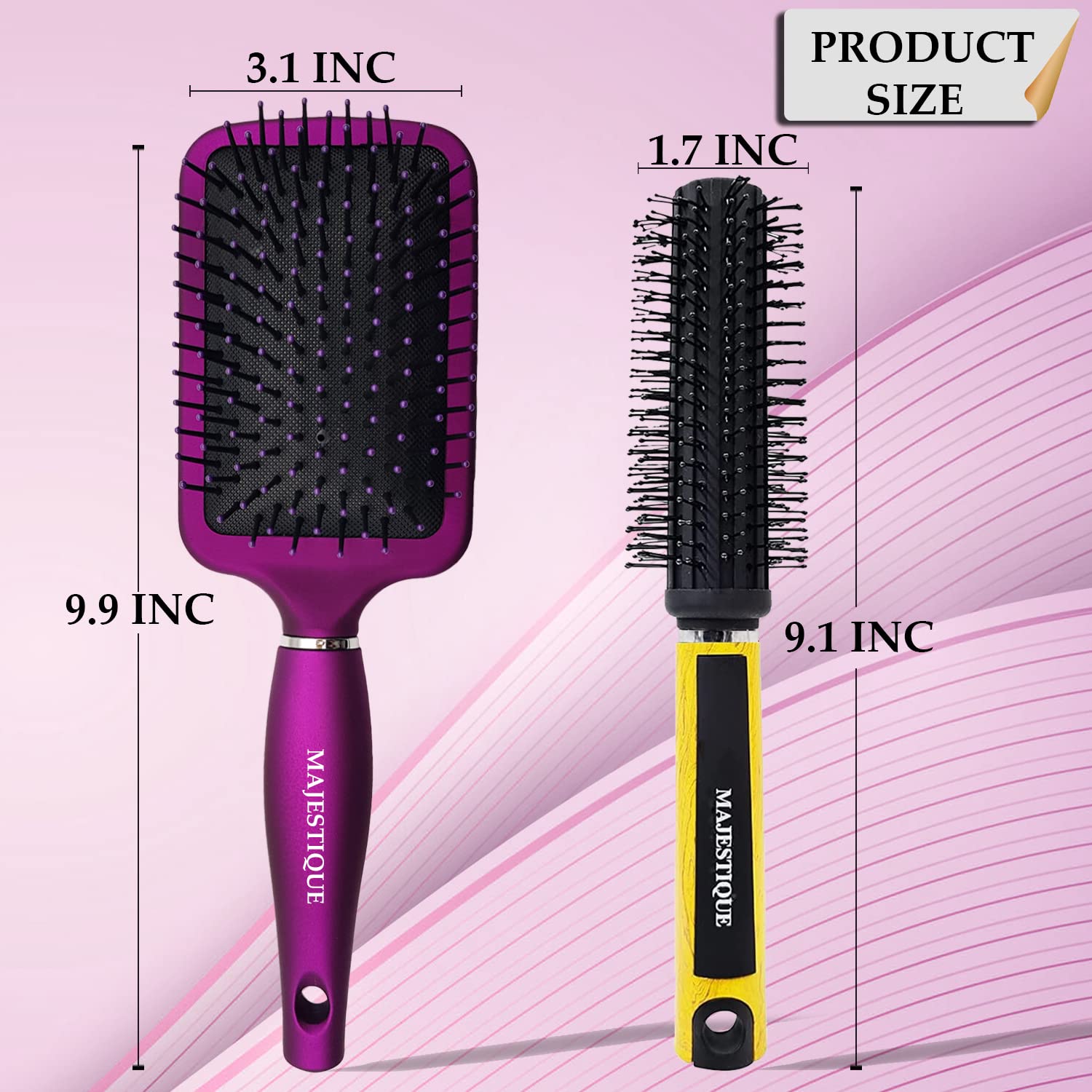 Majestique Hair Brush Set, Paddle Hair Brush, Round Hair Brush for Blow Drying Men and Women, Great On Wet or Dry Hair, No More Tangle Hairbrush for Long Thick Thin Curly Natural Hair-Purple 1