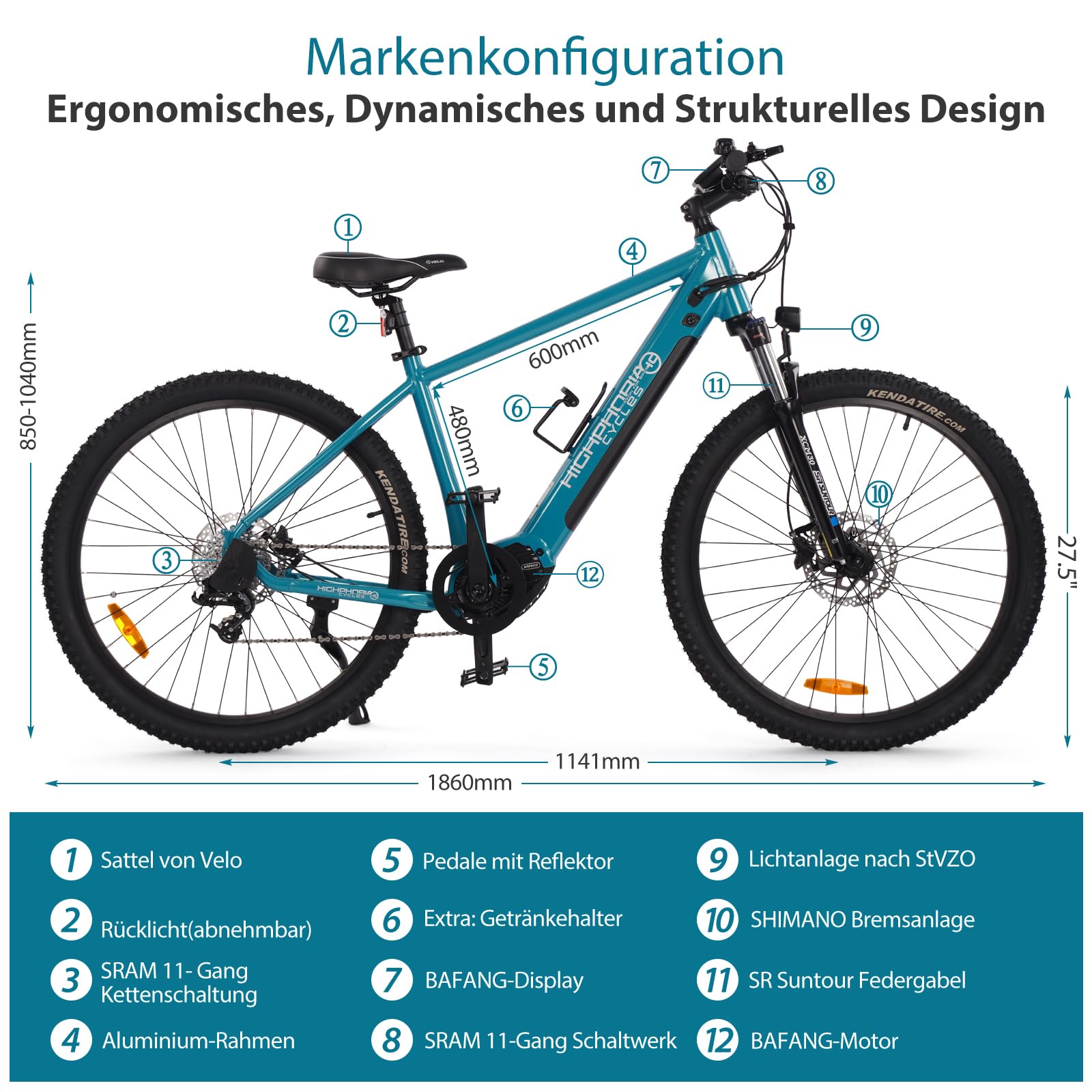 Vélo électrique VTT • Moteur Bafang puissant • Dérailleur • Freins à disque • VTT électrique • Pedelec avec batterie Samsung • Vélo électrique pour homme et femme