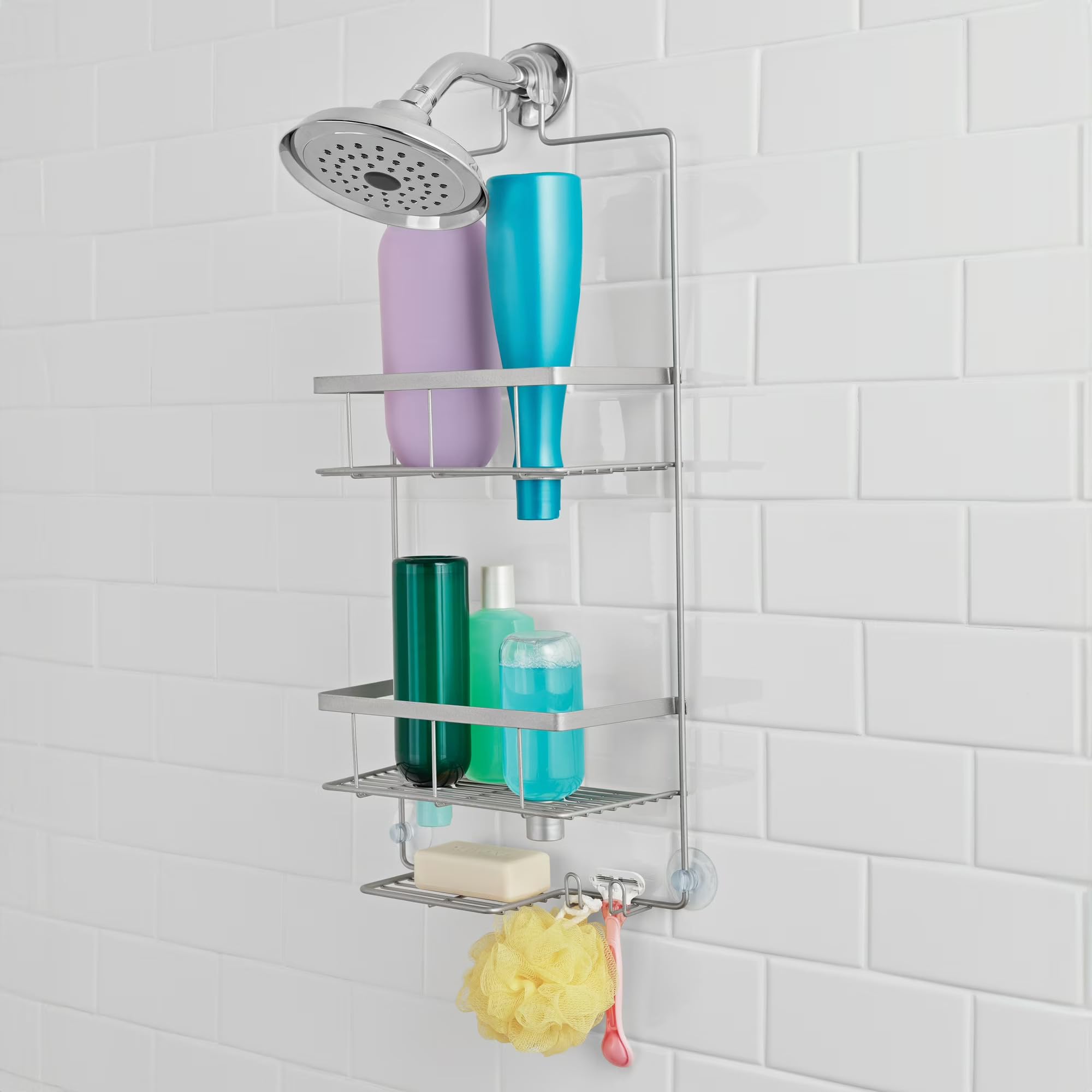 TAYNEVO Hanging Shower Caddy with 2 Shelves and Soap Tray Matte Bathroom Organizer Rack Nickel