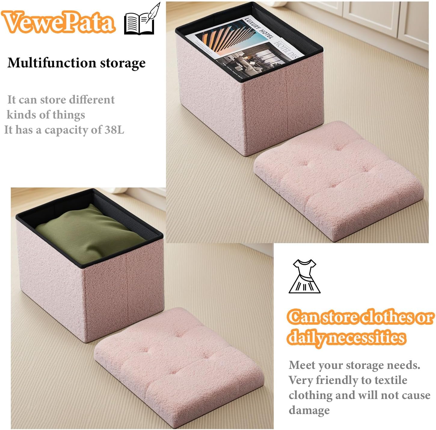 Storage Ottoman Foot Stool,Faux Teddy Tufted Foot Rest, Space Saver Chair with Storage,Ergonomic Stool for Bedroom/Living Room/Desk/Office(17x13x13 inches, Pink) - Image 4