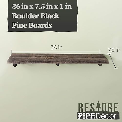 Miniatura 3 de Pipe DéCOR - Estantería de madera de pino de alta calidad Ponderosa de 35.8in de largo, juego de 2 tablas y soportes de 6 L, acabado negro