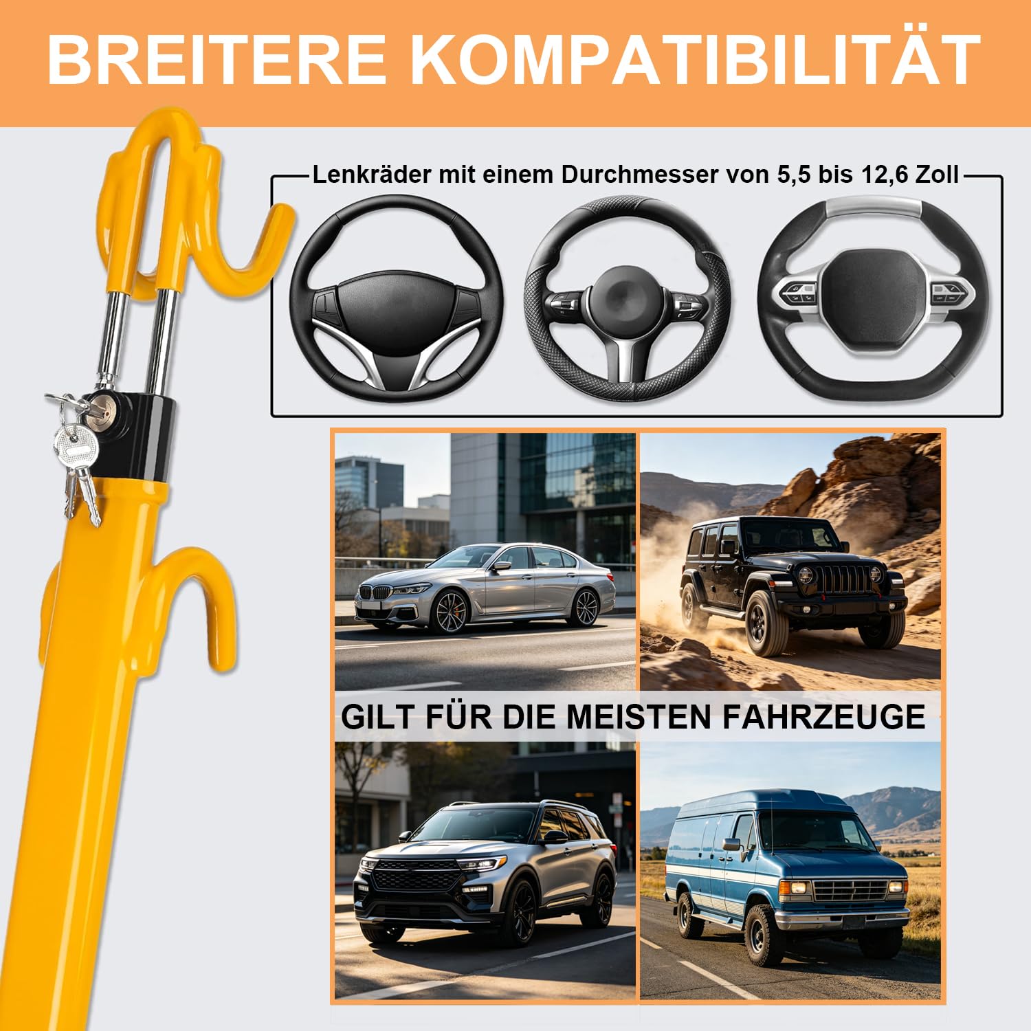verstellbares Auto-Lenkradschloss inklusive 3 Schlüssel | Diebstahlsicher für Autos, SUVs & Wohnmobile, robust mit PVC-Kratzschutz, universell einsetzbar