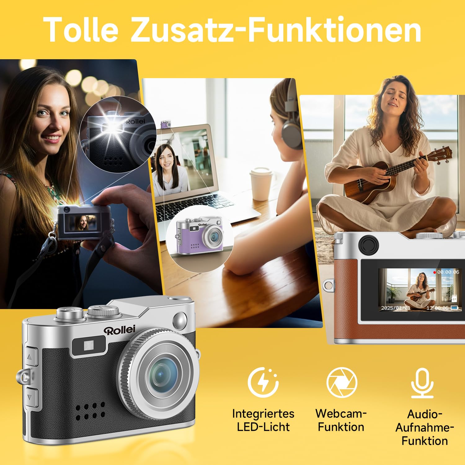 Rollei Minidigitalkamera Vintage Schwarz, 1080P FHD Kleine Retro Digitalkamera mit 0,96 Zoll Farbbildschirm 2MP Daumenkamera Kompakte Fotokamera mit Blitz & Aufzeichnung, Mini-Digital-Kamera-Klein