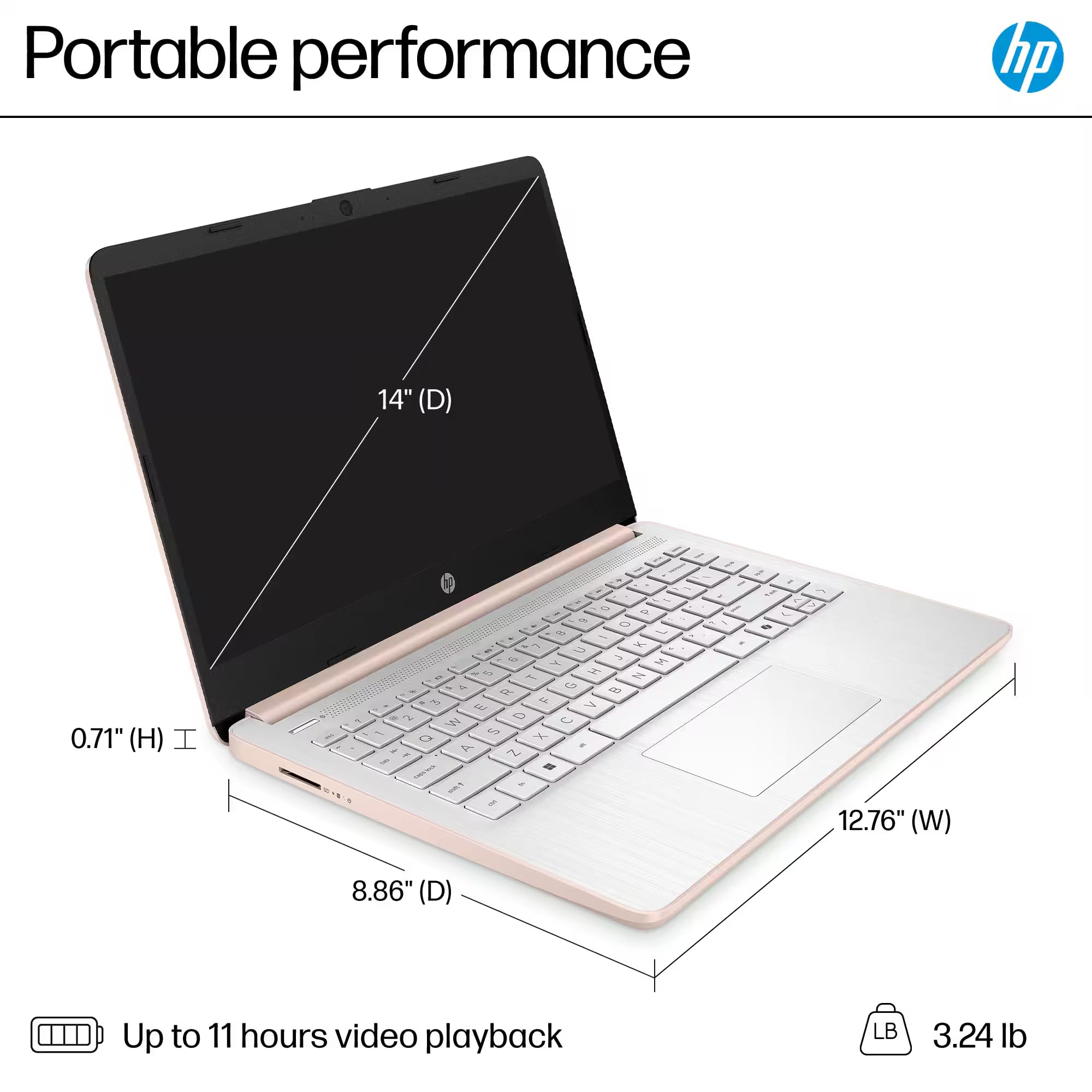 HP 14" Laptop 2025 Business Student Slim Computer, Lifetime MS Office, Copilot AI, Quad-Core Intel CPU, 16GB RAM, 628GB Storage (128GB UFS+500GB Ext), MarxsolAccessory, Wi-Fi 6, Win 11 Pro, Rose Gold