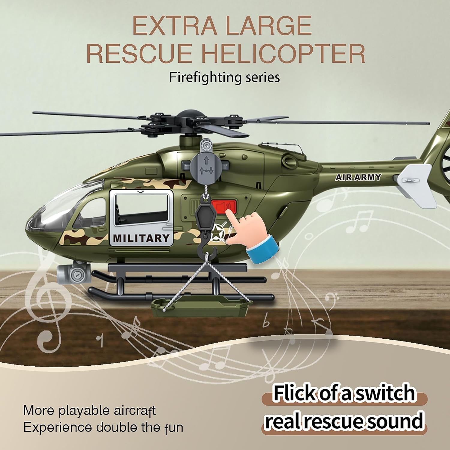 Large Military Helicopter Toy 15 Inch, Army Green Kids Helicopter with Crane & Hanging Tray, Toy Helicopter with Lights and Sounds, Helicopter Toys for Kids 3-5, Birthday Gift for Boys Age 3-7