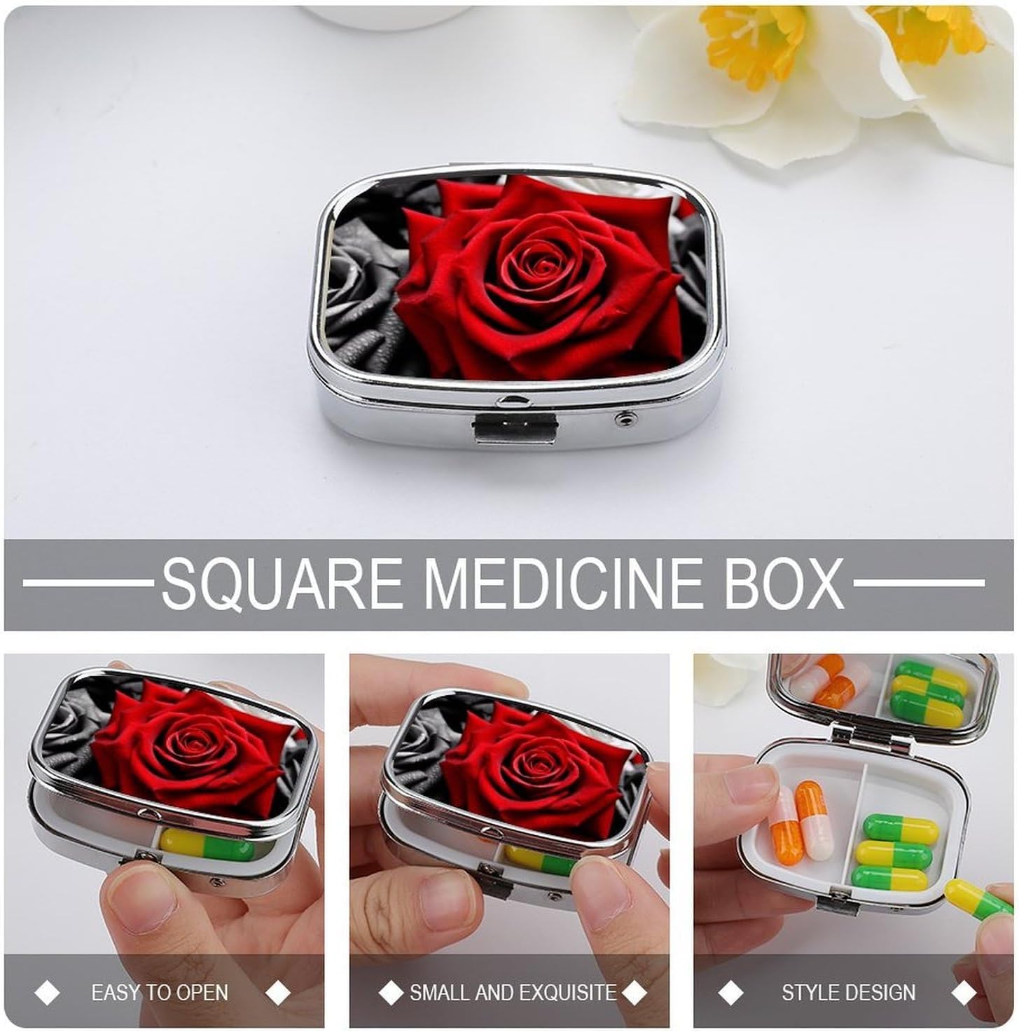 Black White and Red Roses Square Pill Case, Metal Pill Organizer image 4