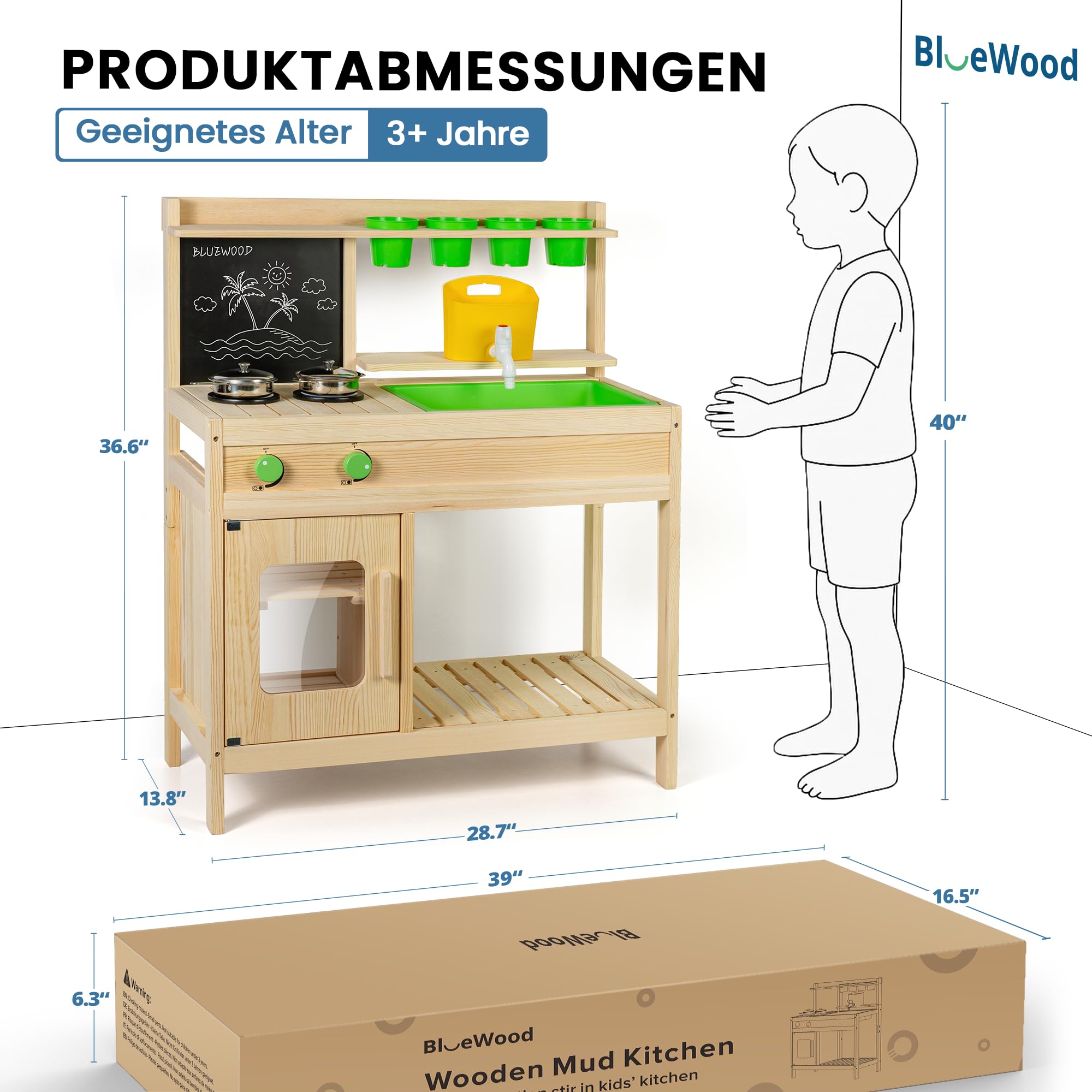 Cucina Giocattolo Montessori in Legno per Bambini | Cucina da Esterno BlueWood | Rubinetto Funzionante, Lavello Grande, Ripiani e Accessori | Gioco Educativo Sensoriale