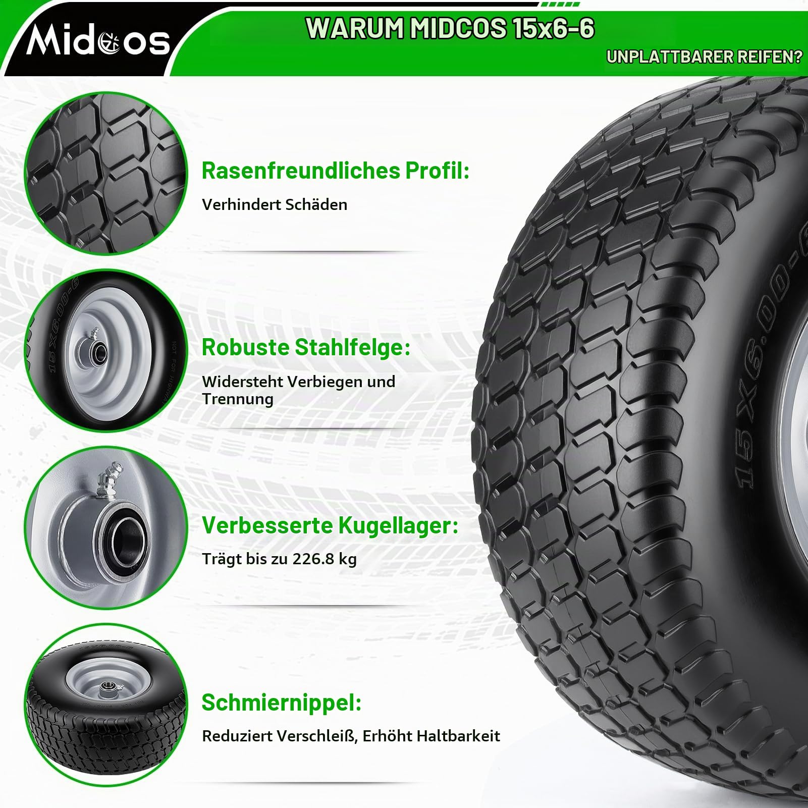 2 Stück 15 x 6,00-6 pannensichere Reifen und Rad, 15 x 6-6 NHS Rasenmäher-Reifen mit 7,6 cm zentrierter Nabe für John Deere/Husqvarna/Craftsman Aufsitzmäher, Rasentraktor, mit 3/4 Zoll & 5/8 Zoll & 1