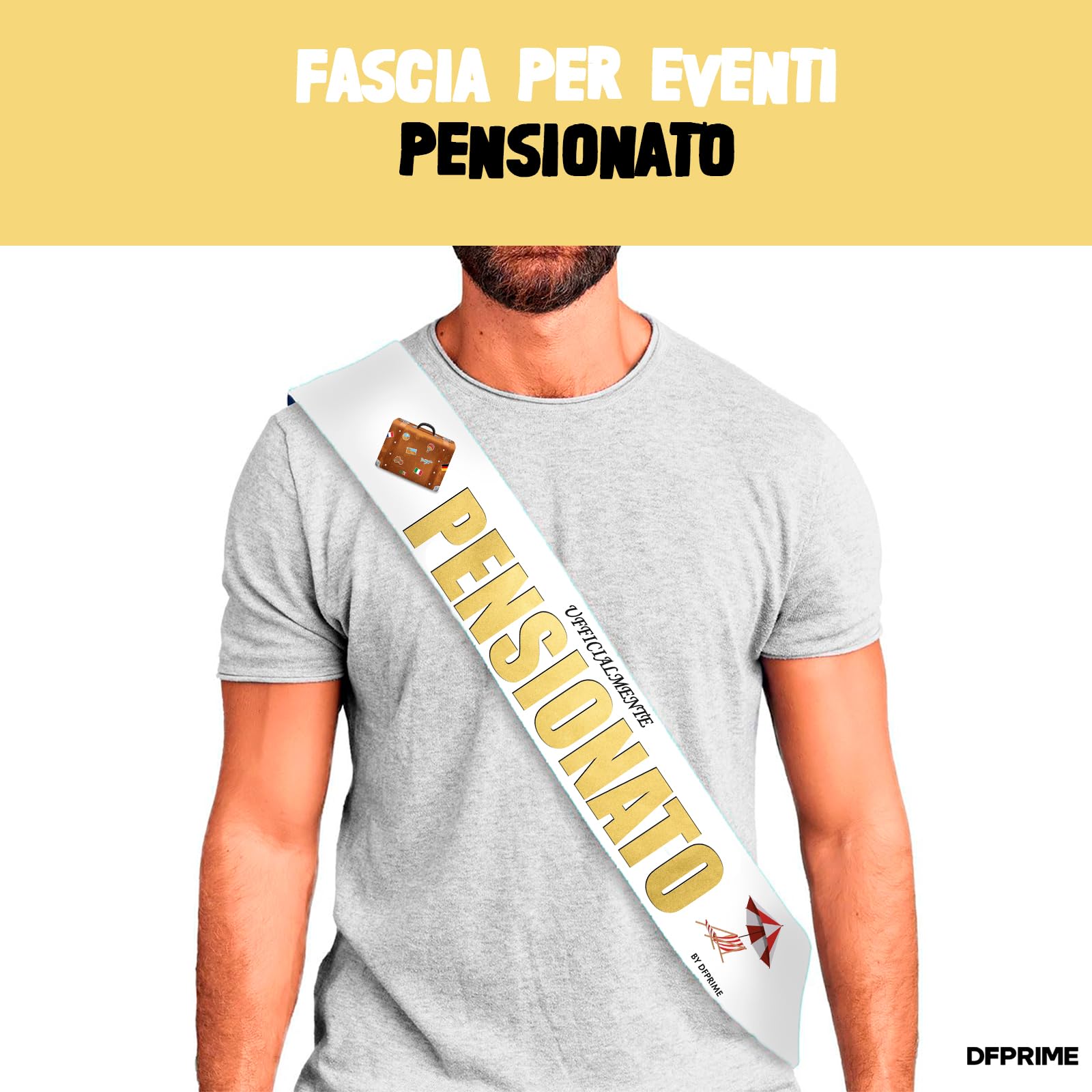 DFPRIME Fascia Ufficialmente Pensionato - Gadget Pensione Uomo - Idea Regalo Pensione Uomo Divertente - Fascia in Raso 2 Metri - Made in Italy per Festa Pensionamento - umarell