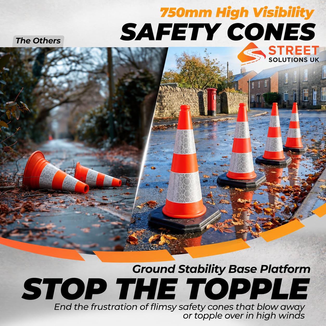 Street Solutions UK - 750 mm / 29 cali wysoki czarny ruch bezpieczeństwo ruchu uliczny stożek odblaskowy rękaw odpowiedni dla biznesów, szkół, uniwersytetów o dużych obciążeniach bazy duże czarne stożki bezpieczeństwa