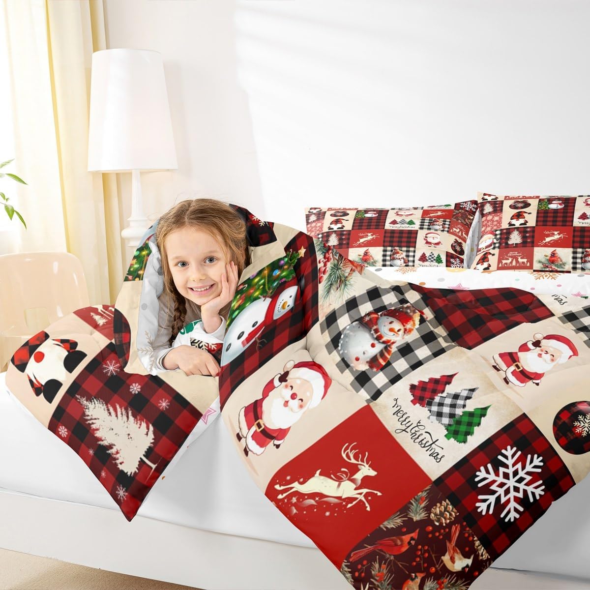 Christmas Comforter Set King Size,Red Plaid Holiday Design Bedding Set 3pcs,Snowman Santa Claus New Year Patchwork Down Comforter for All Season, Kids Boys Girls Room Decor,2 Pillowcases,No Sheets