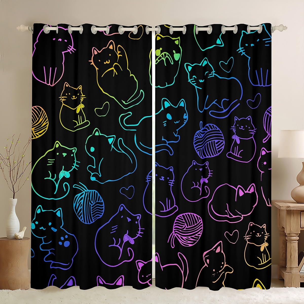 Erosebridal Kawaii Cute Blackout Curtains Gradient Cat Curtains & Drapes for Kids, Cat Theme Window Drapes, 84"W x 84"L, Black โ image 1
