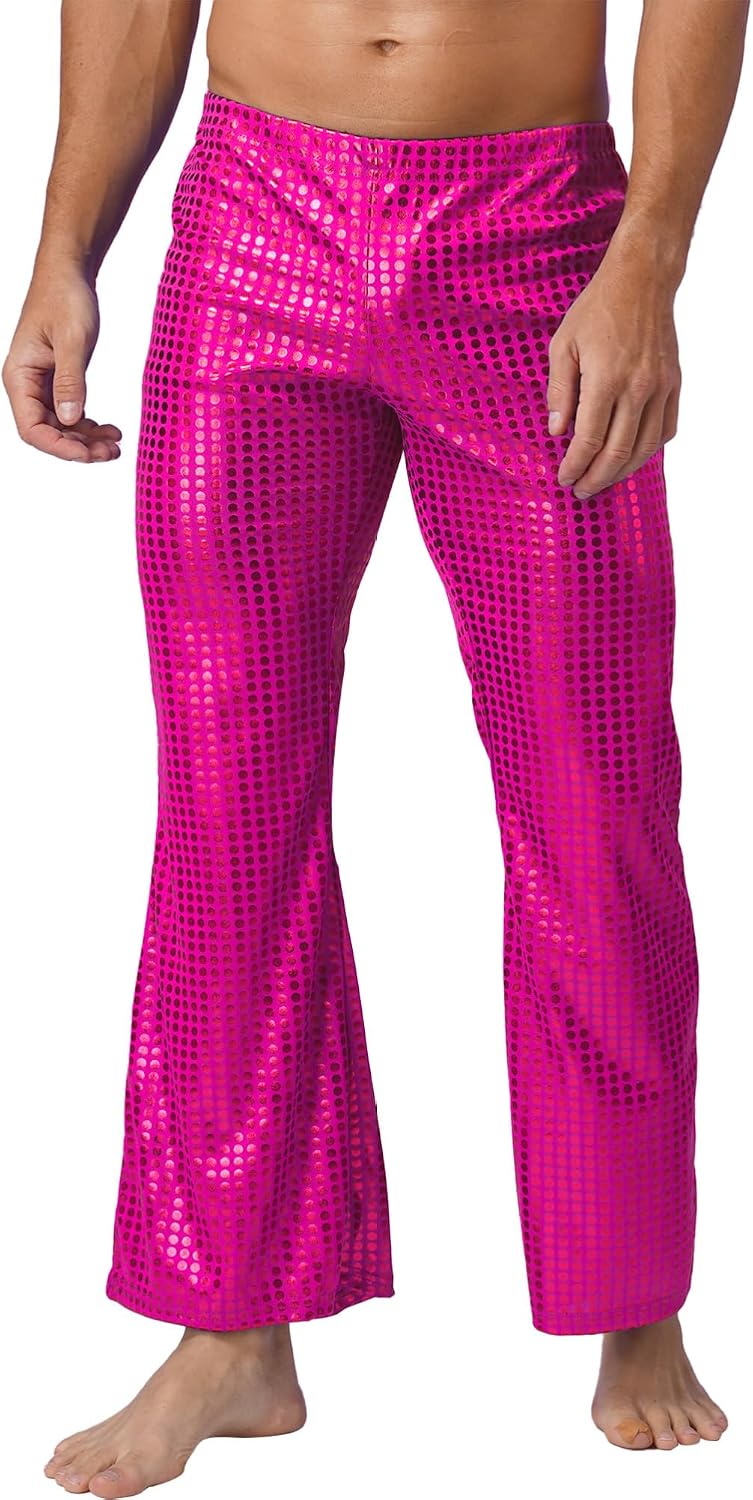 CHICTRY Mens Stage Costumes Elastic Waistband Flared Pants Shiny Sequins Long Bell Bottoms Pants