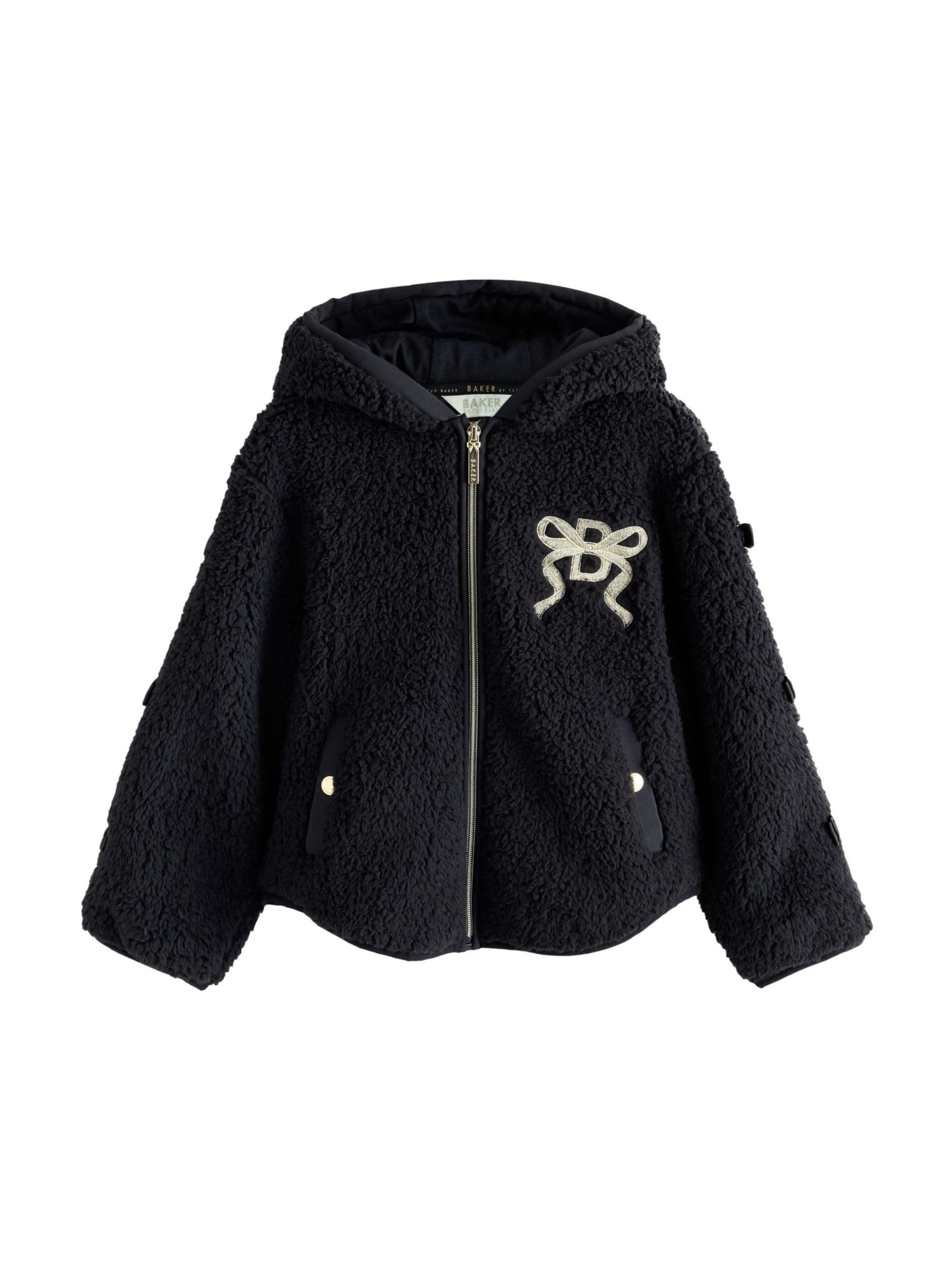 Niñas Polar negro con capucha, cremallera y lazo