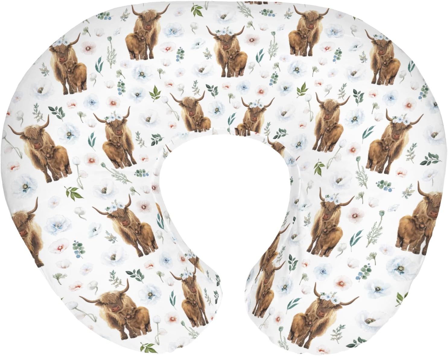 Boho Highland Cow Floral Baby Nursing Pillow Covers for Boy Girl Highland Yak Cattle Poppies Nursery Pillowcase for Breastfeeding Pillows Farmland Animal Soft Stretchy Slipcover for Newborn Infant