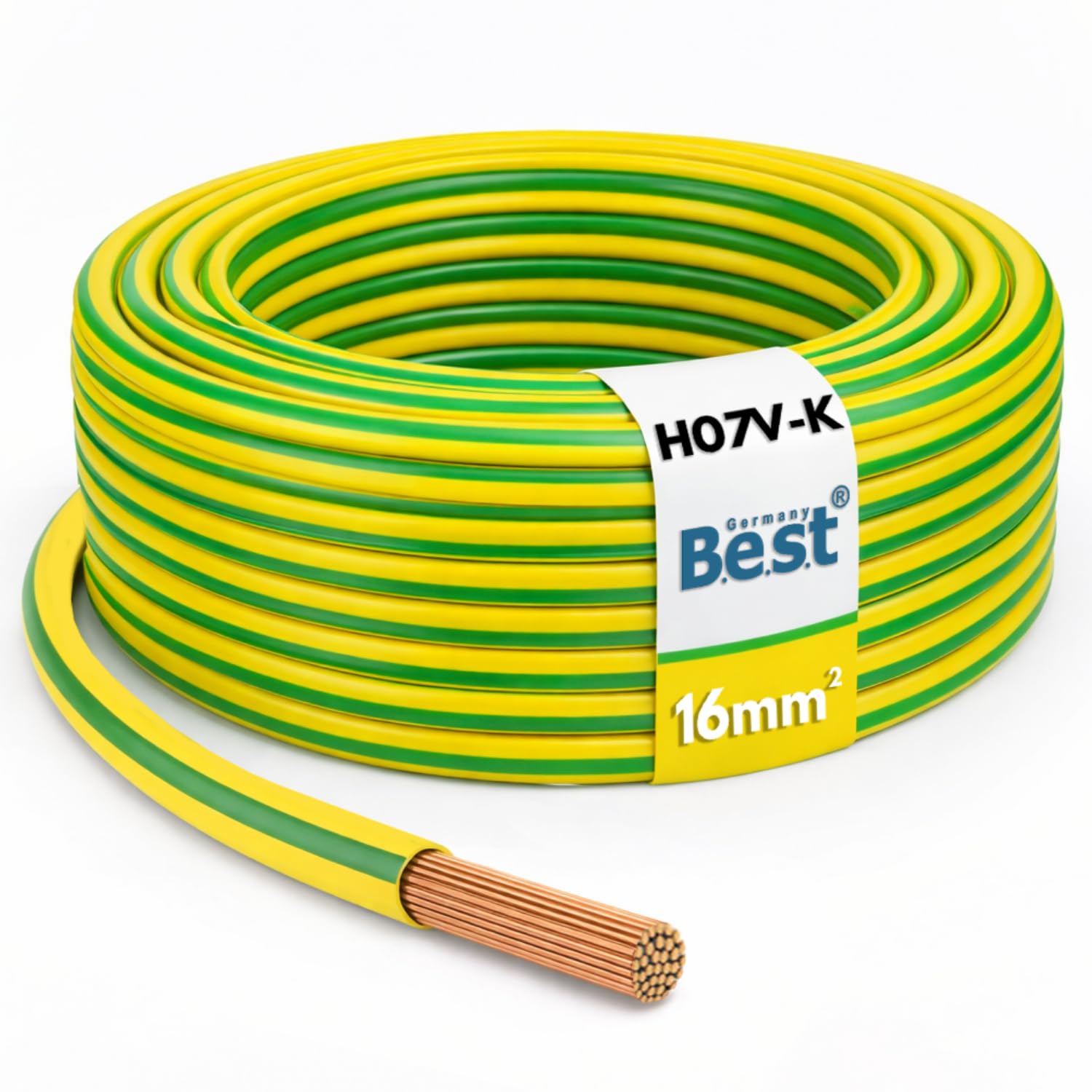 Cable de tierra 10 m 16 mm² verde-amarillo flexible – Conductor unipolar PVC H07V-K para instalaciones fotovoltaicas, línea de cableado, línea de instalación, hilo de cobre trenzado fino, conductor de