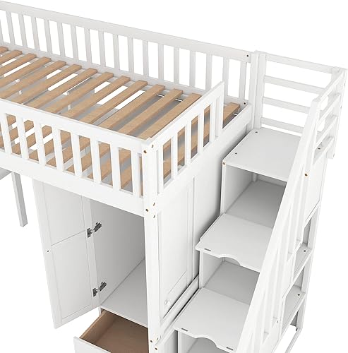 Miniatura 160 de Cama alta funcional tamaño individual con 2 cajones y 2 armarios, base de cama de madera maciza con barandilla de seguridad y escalera de