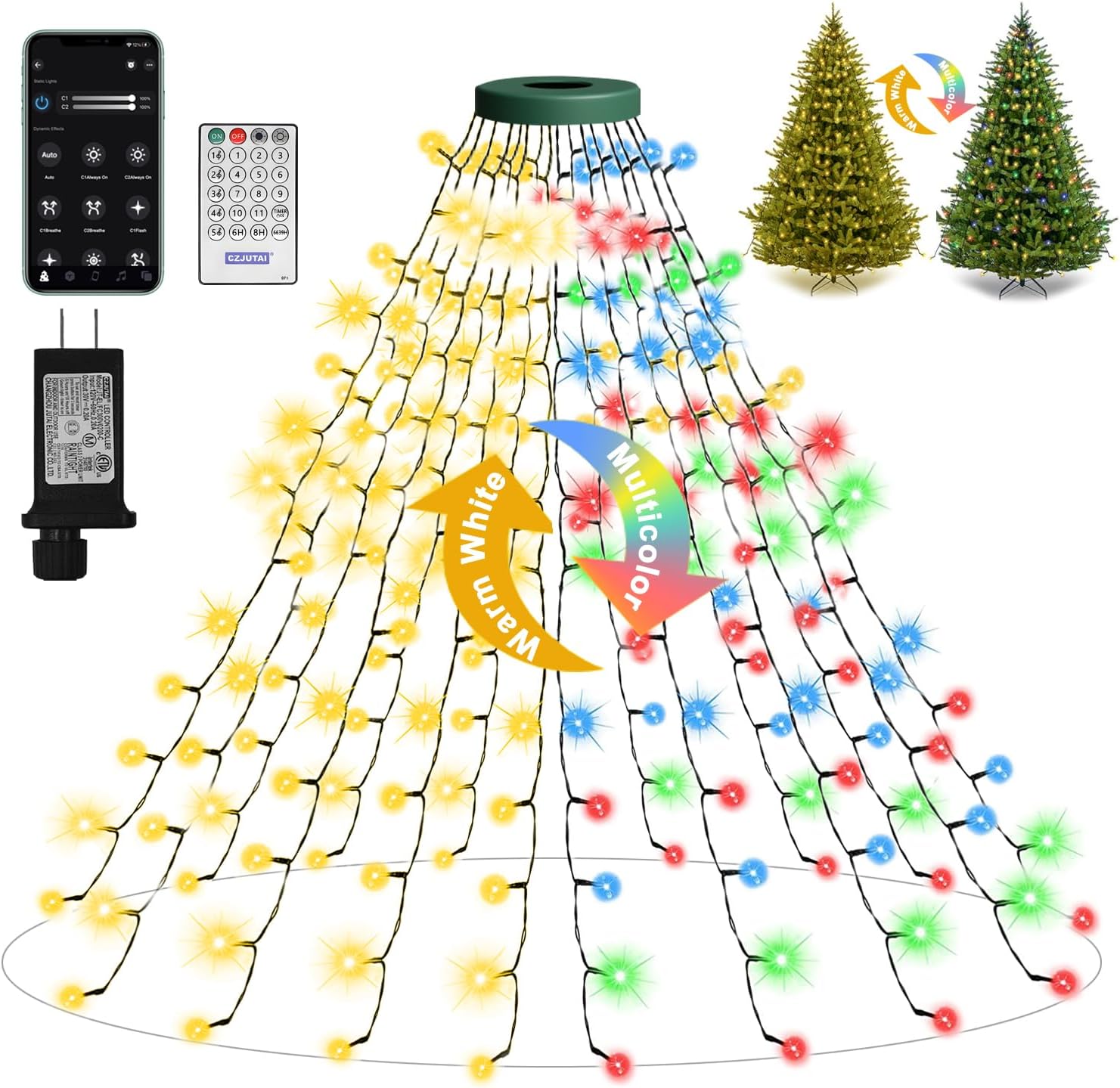 Luces LED para árbol de Navidad con control de aplicación, cascada de luces multicolor, control remoto para teléfono inteligente