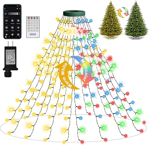 Luces LED para árbol de Navidad con control de aplicación, cascada de luces multicolor, control remoto para teléfono inteligente