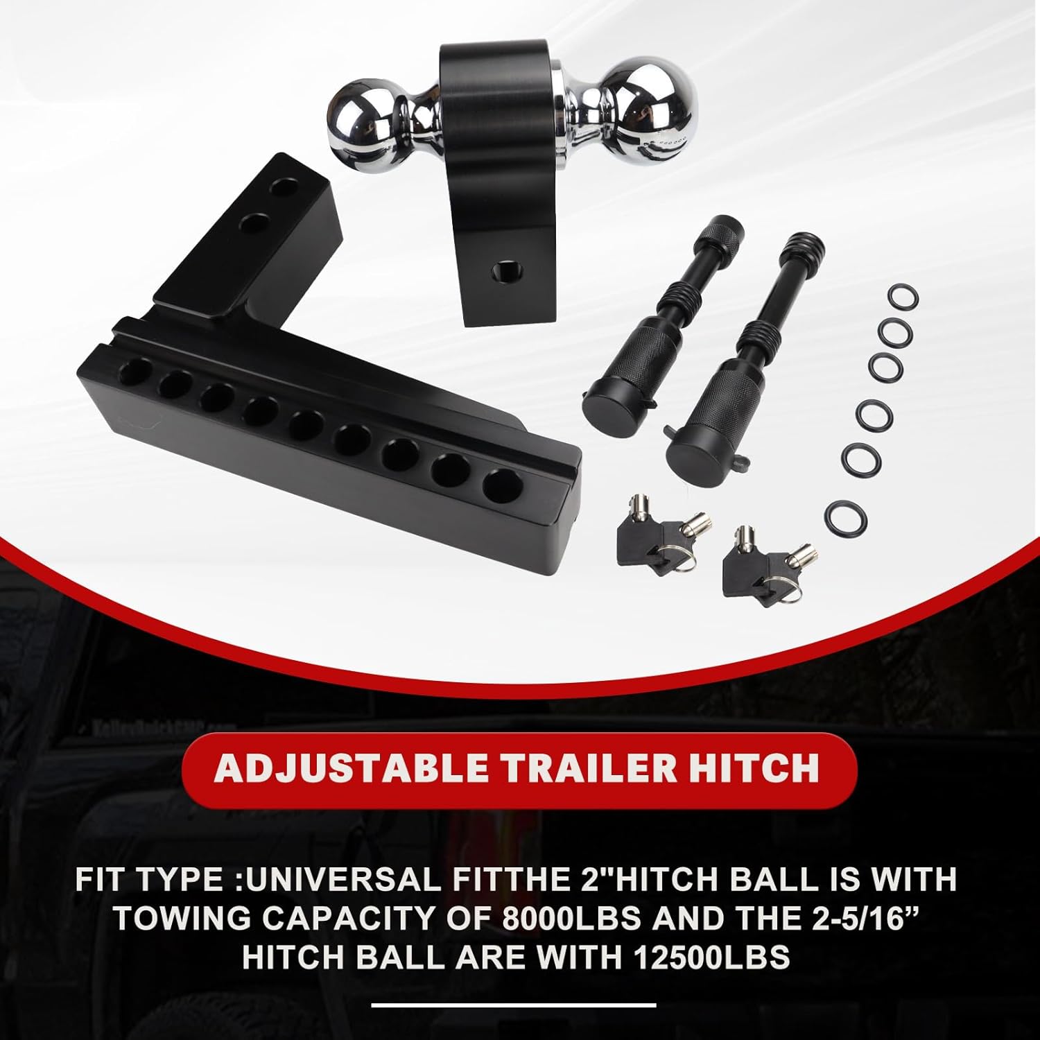 Drop Hitch Tow Hitch Trailer Hitches with Anti-Theft Pin Adjustable Trailer Hitch Fits 2-Inch Receiver 8-Inch Drop/Rise, 2" & 2-5/16" Ball Hitches for Trucks, 20,000 LBS GTW, Black