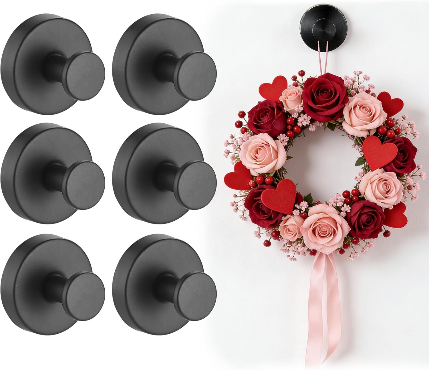 Irosiy 6 Pcs Suction Cup Hooks, 10LB Luxe Hold No Drill Hooks, Strong Stainless Steel Suction-Cup-Wreath-Hooks, Wreath-Door-Hanger Easter Valentine Spring Summer Fall Welcome Sign(Black)