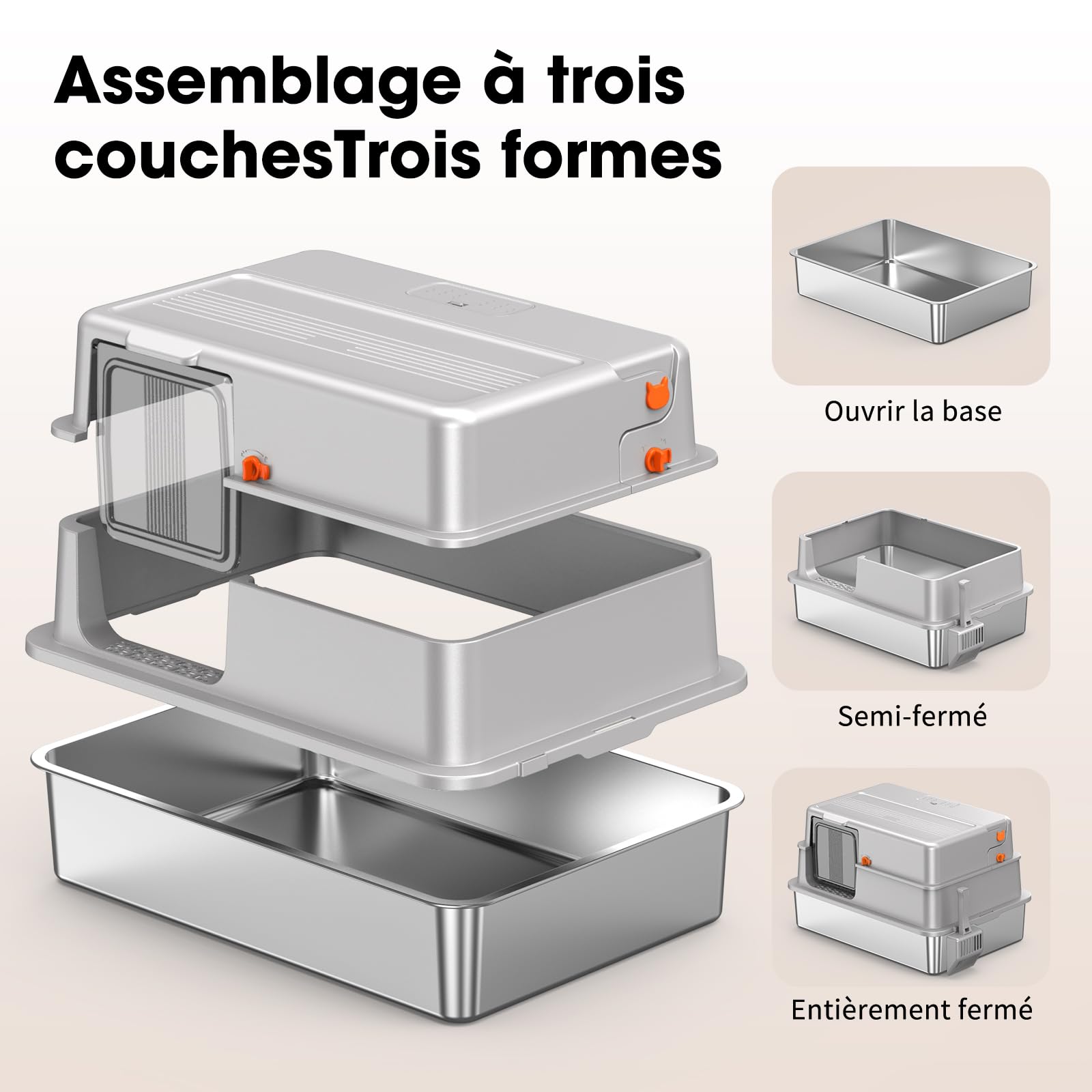 Bac à litière en INOX XXXL – Grand bac Ouvert pour Chat avec Bords Hauts et Panneaux Semi-Transparents, cuve Profonde Amovible pour Nettoyage Facile, antiadhésif, Anti-Fuite, Gris Clair