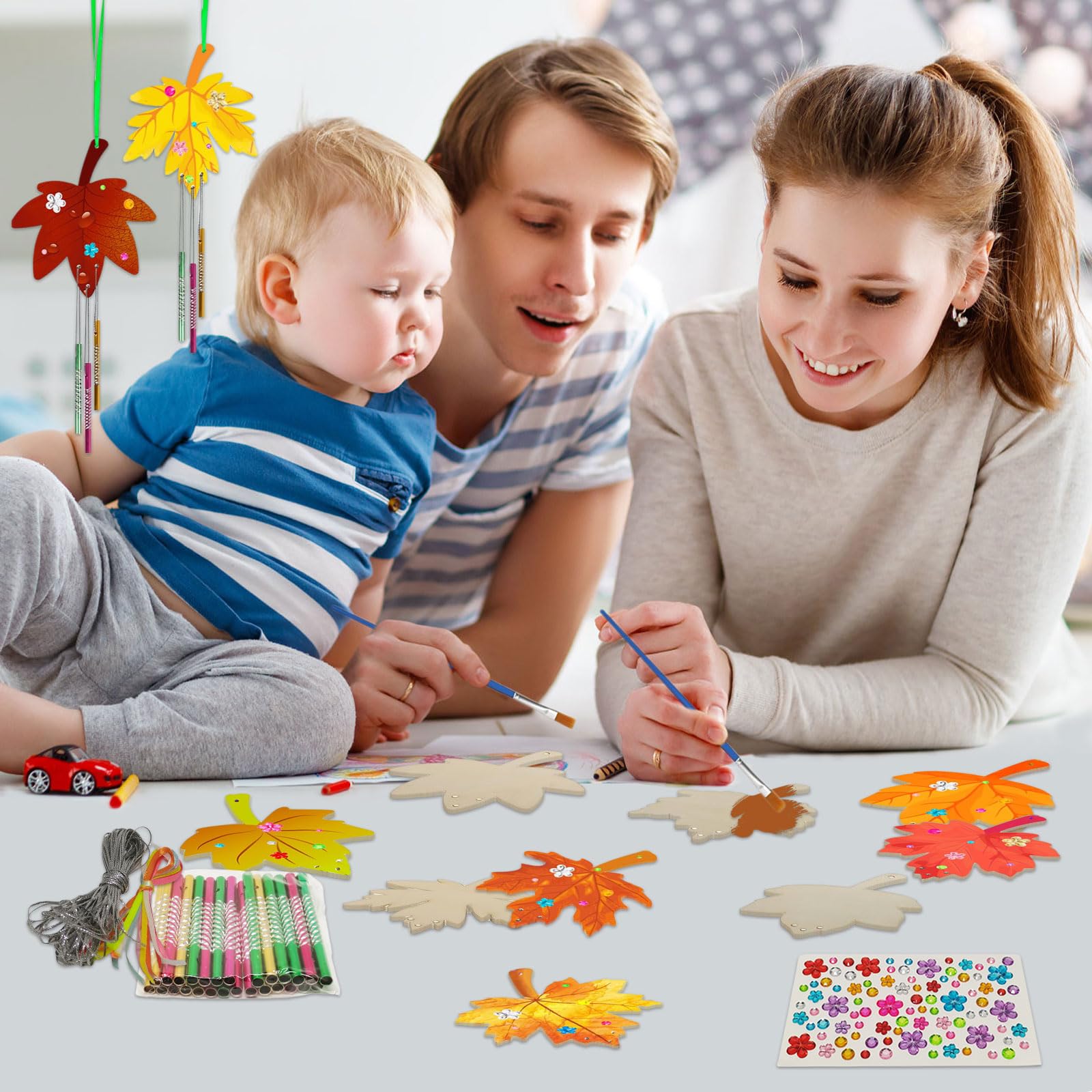 Kit DIY Carillon Automne Enfant - 9 Pièces En Bois à Peindre Avec Tubes Et Strass, Activité Créative Familiale