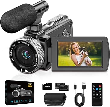 Video Camera 4K Camcorder 48MP, 18X Digital Zoom Video Recorder, 3  270  Rotatable Screen Vlogging Camera for YouTube, Camcorders Videocamera with 32GB Card, Mic, Remote Control, 2 Batteries