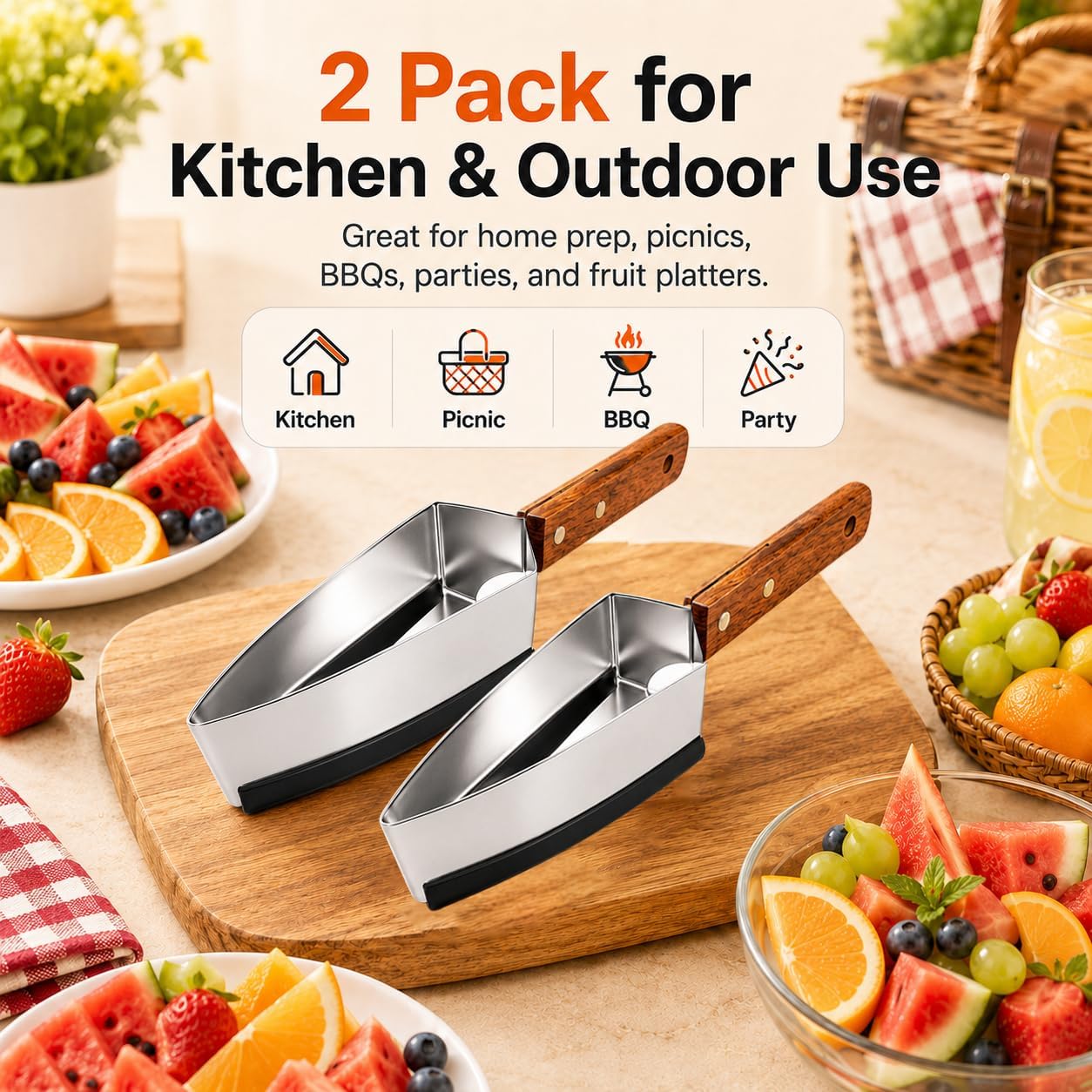 Stainless Steel Watermelon Slicer Cutter with Protective Covers, Melon Fruit Slicer Tool with Wooden Handle for Watermelon, Cantaloupe, Honeydew, Apples