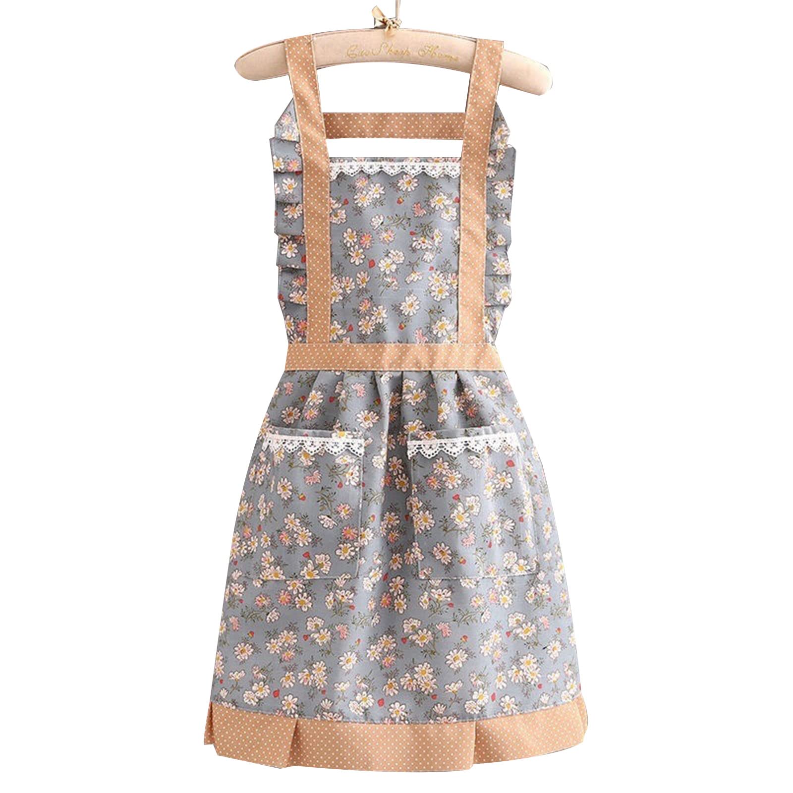 Jazuaiao Canvas Floral Apron with Pockets Adjustable Tie Rope Household Accessory for Adults Teenager Women Female Gift Canvas Floral Apron