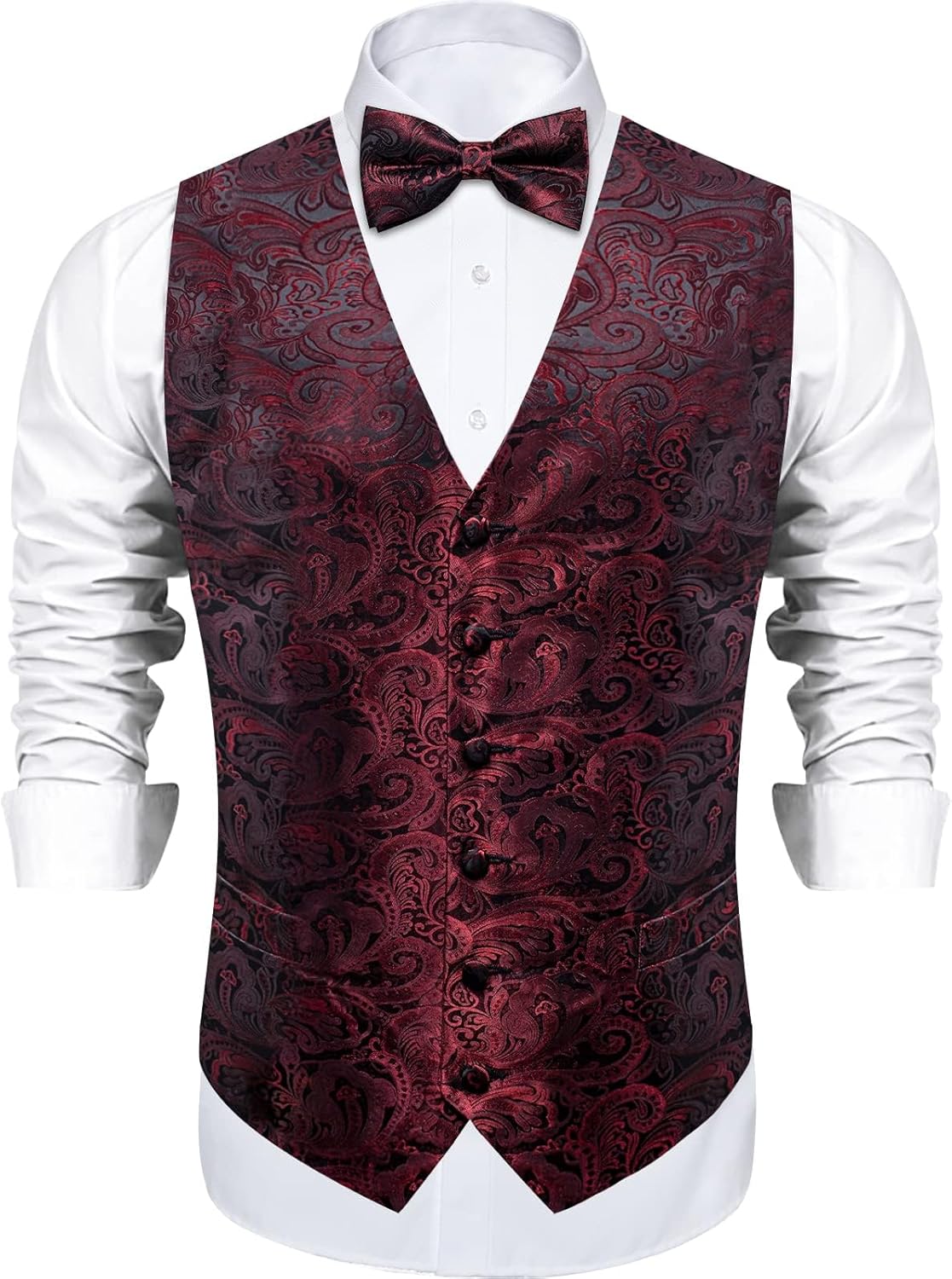 DiBanGu Mens Paisley Suit Waistcoat,Silk Dress Vest and Bowtie Pocket Square Cufflinks with Lapel Pin Set for Wedding Tuxedo - Image 2